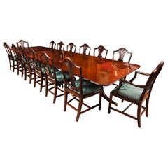 Antique 14ft Regency Revival Triple Pillar Dining Table & 14 Chairs 19th Century