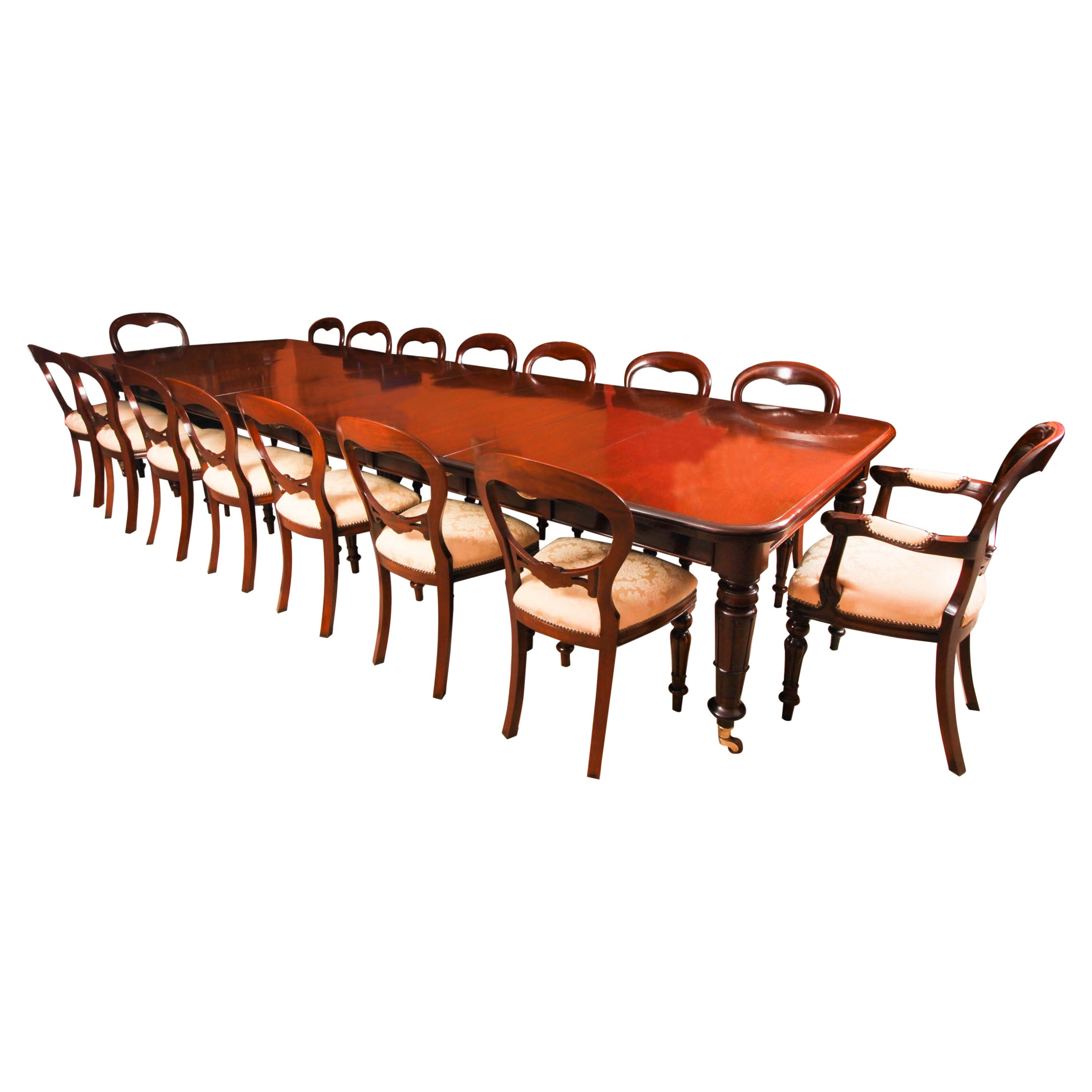 Ancienne table de salle à manger William IV 19ème siècle & 16 chaises à dossier ballon