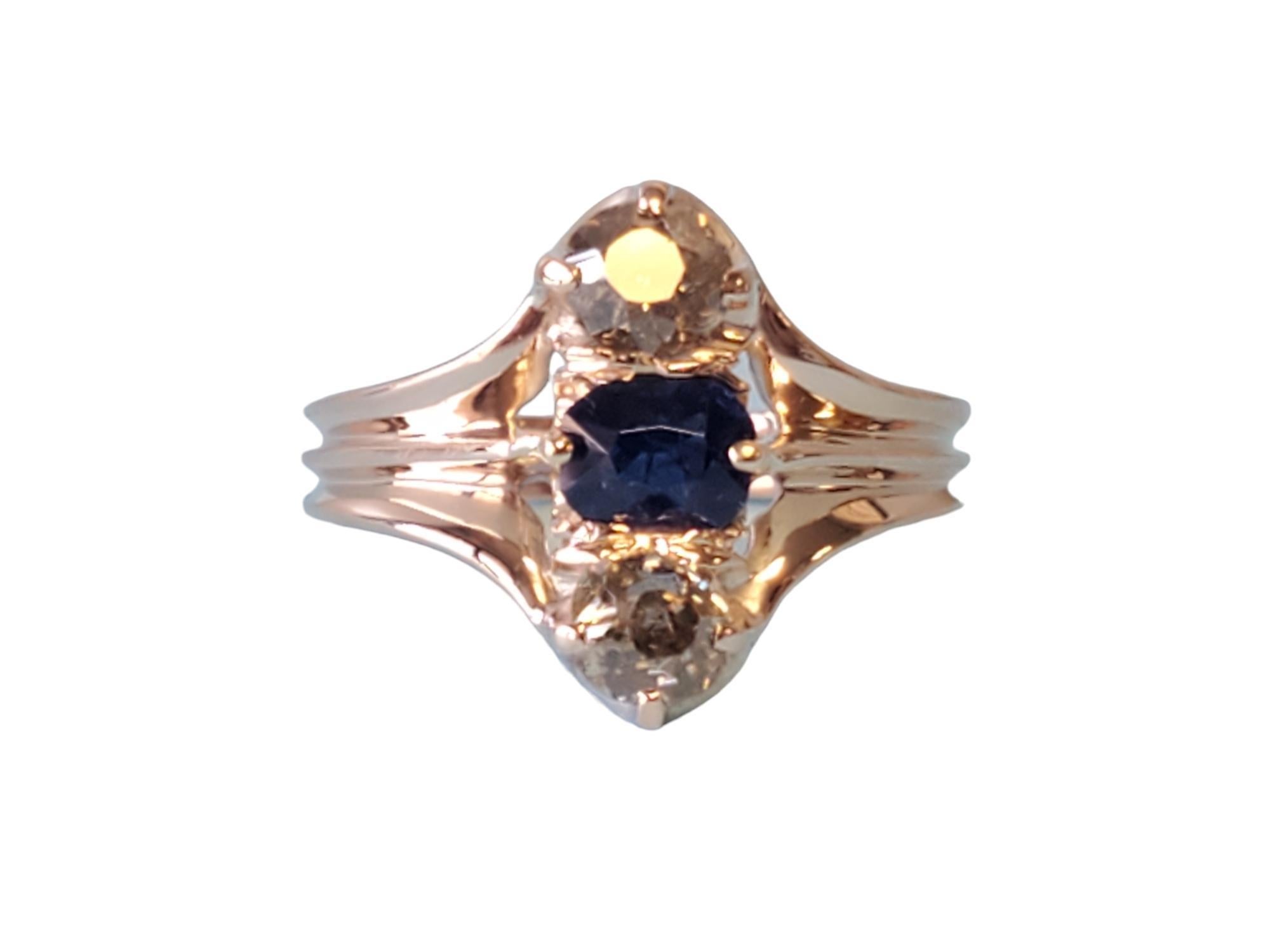 Art Nouveau Antique 14k 3 stone Ring Mine Cut Blue Sapphire with Old Euro Diamonds For Sale
