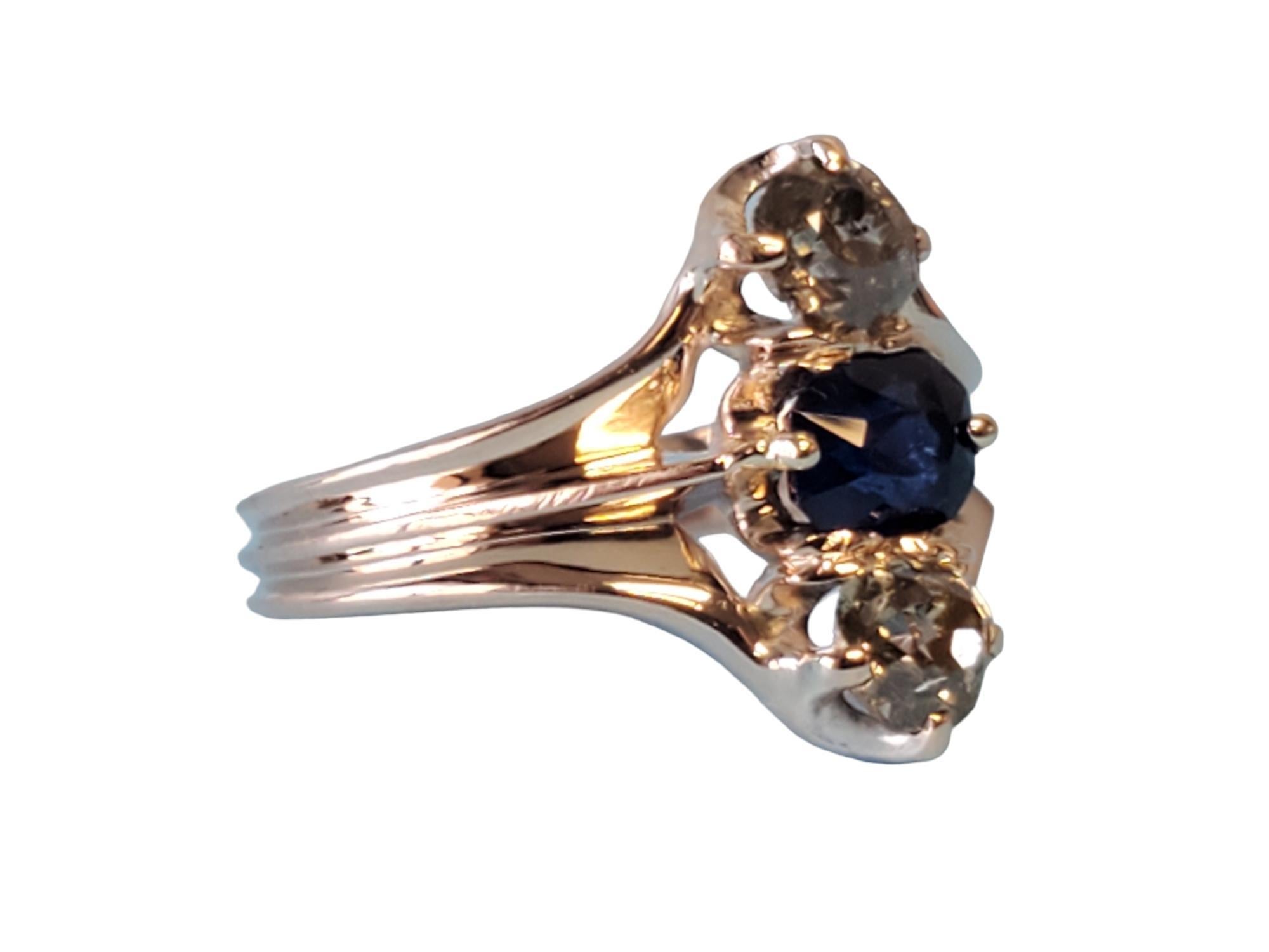 Old Mine Cut Antique 14k 3 stone Ring Mine Cut Blue Sapphire with Old Euro Diamonds For Sale