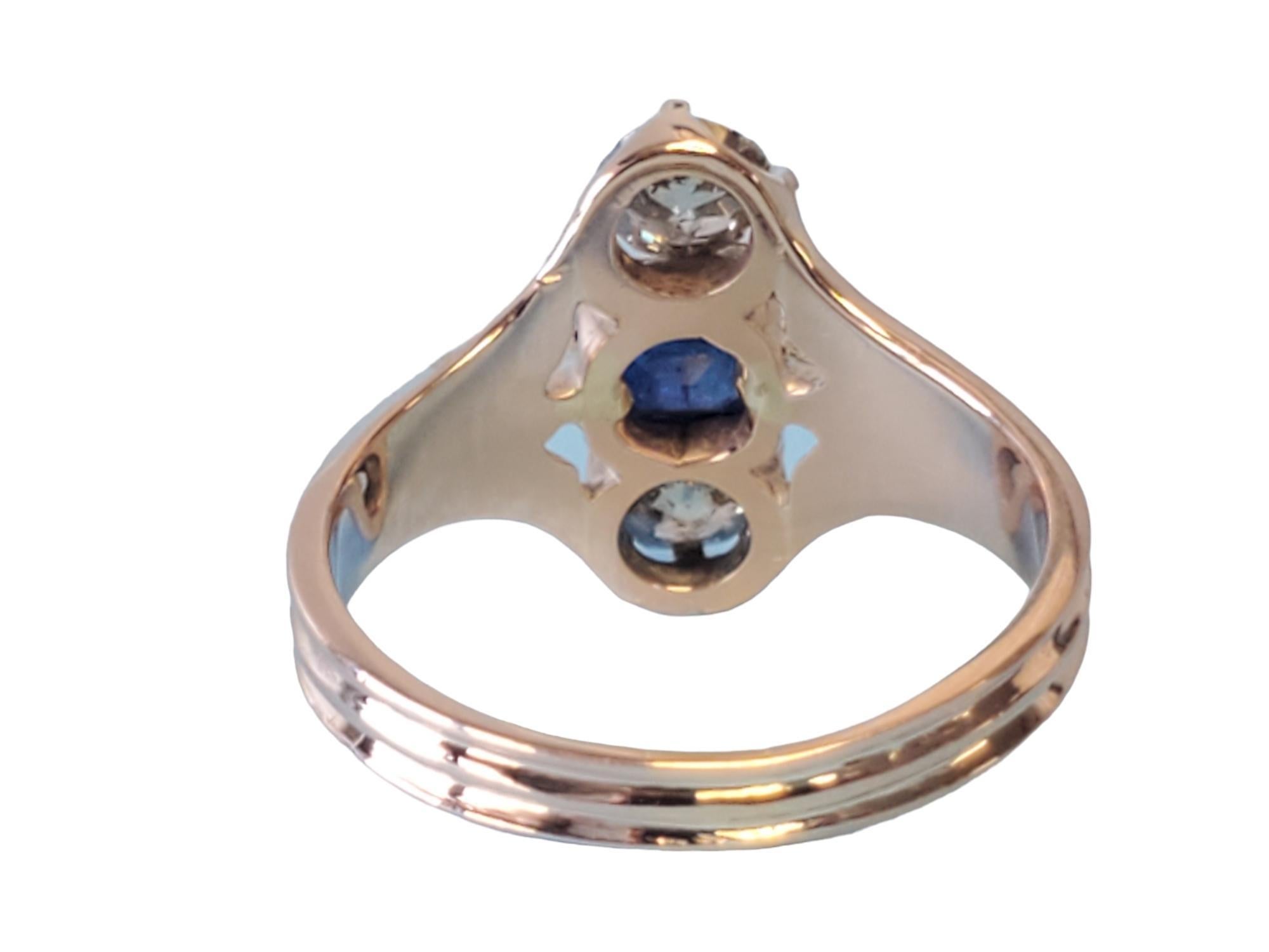 Women's Antique 14k 3 stone Ring Mine Cut Blue Sapphire with Old Euro Diamonds For Sale