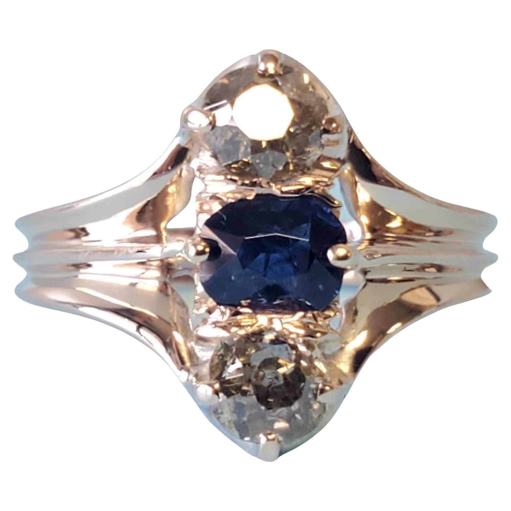 Antique 14k 3 stone Ring Mine Cut Blue Sapphire with Old Euro Diamonds For Sale