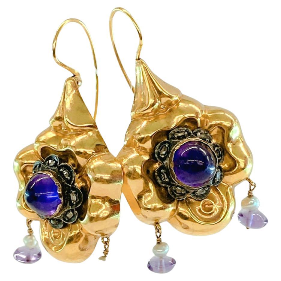 Antique Amethyst And Diamond Gold Earrings In Good Condition For Sale In Cairo, EG