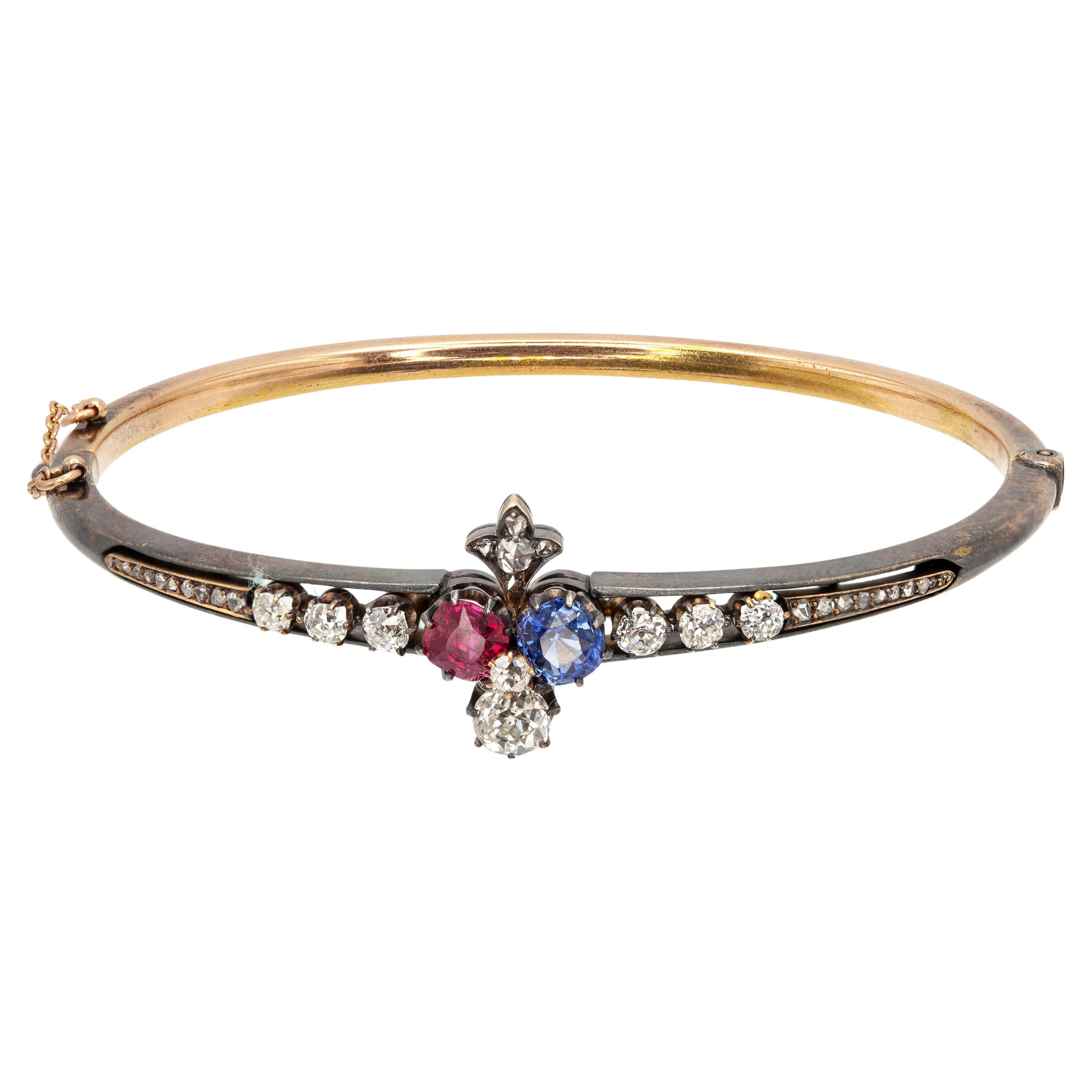 Antique 14K and Silver-Top Sapphire Ruby Diamond Bangle For Sale