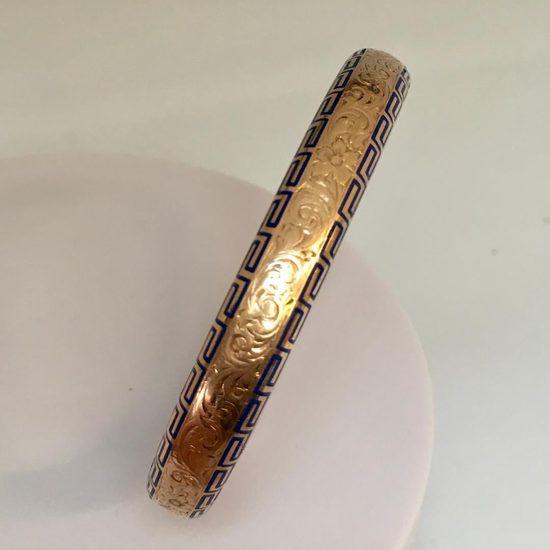 Women's Antique 14K Art Deco Riker Brothers Bangle Bracelet American 1920s Blue Enamel For Sale