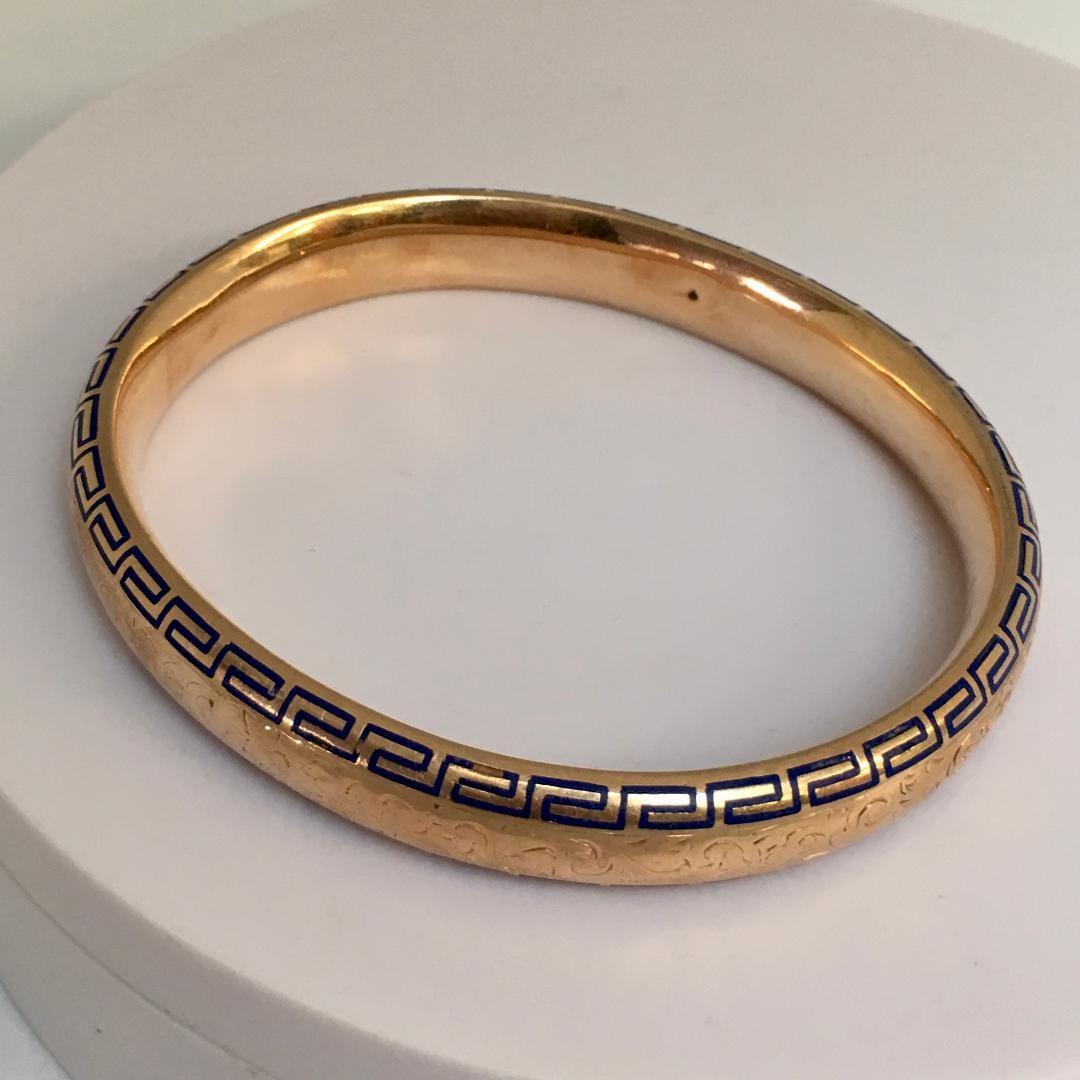 Antique 14K Art Deco Riker Brothers Bangle Bracelet American 1920s Blue Enamel For Sale 3