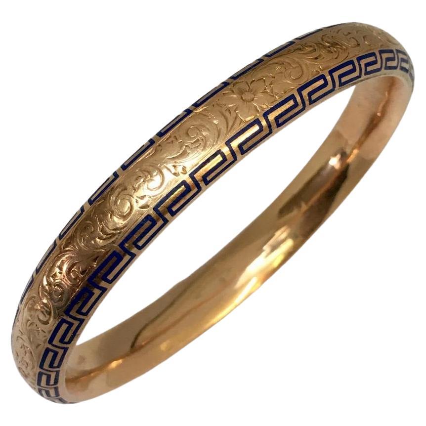 Antique 14K Art Deco Riker Brothers Bangle Bracelet American 1920s Blue Enamel For Sale
