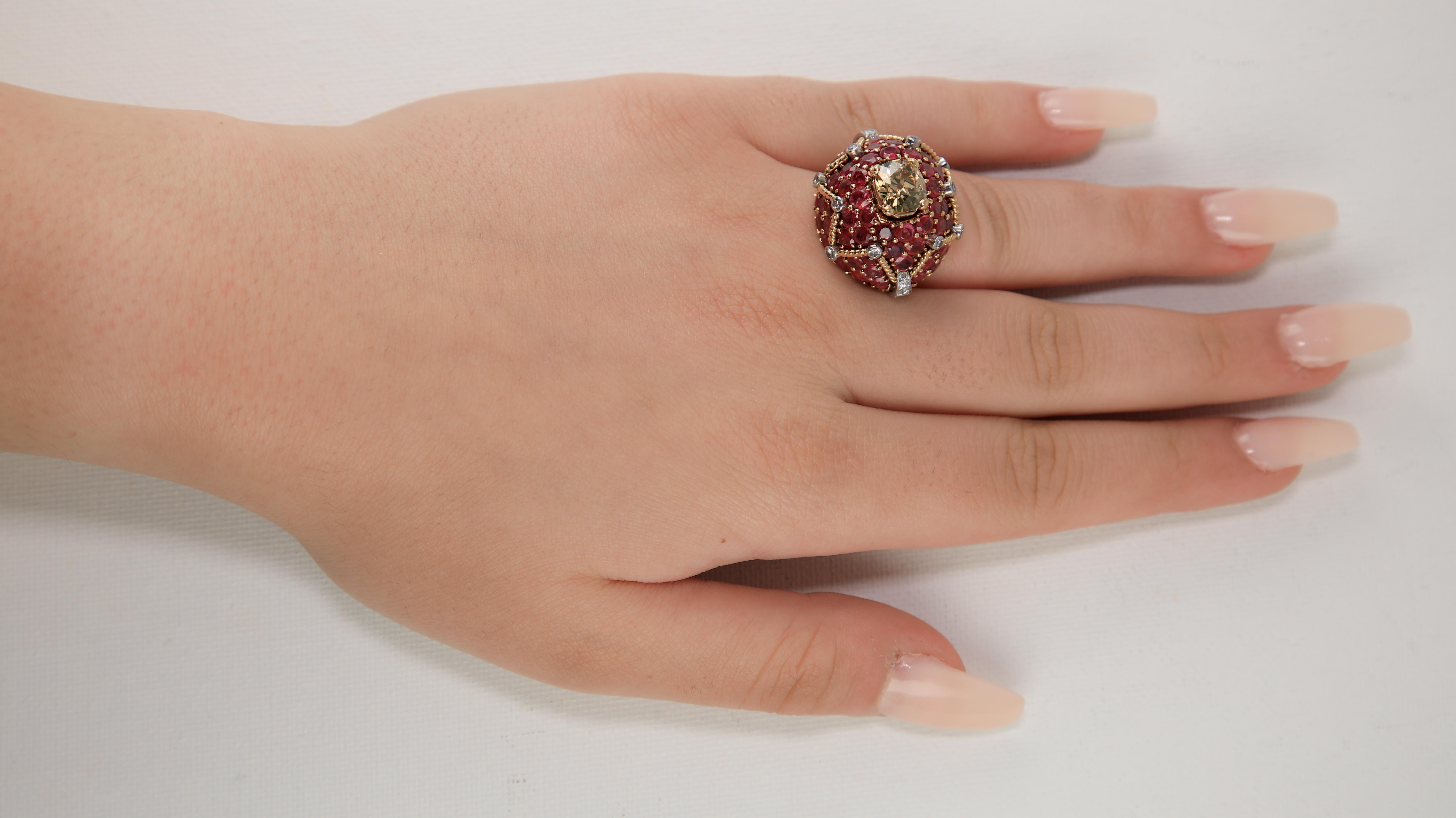 Cushion Cut Antique 14k, Center 1.91 ct Fancy-Yellow Brown Diamond Burmese Ruby Bombé Ring For Sale