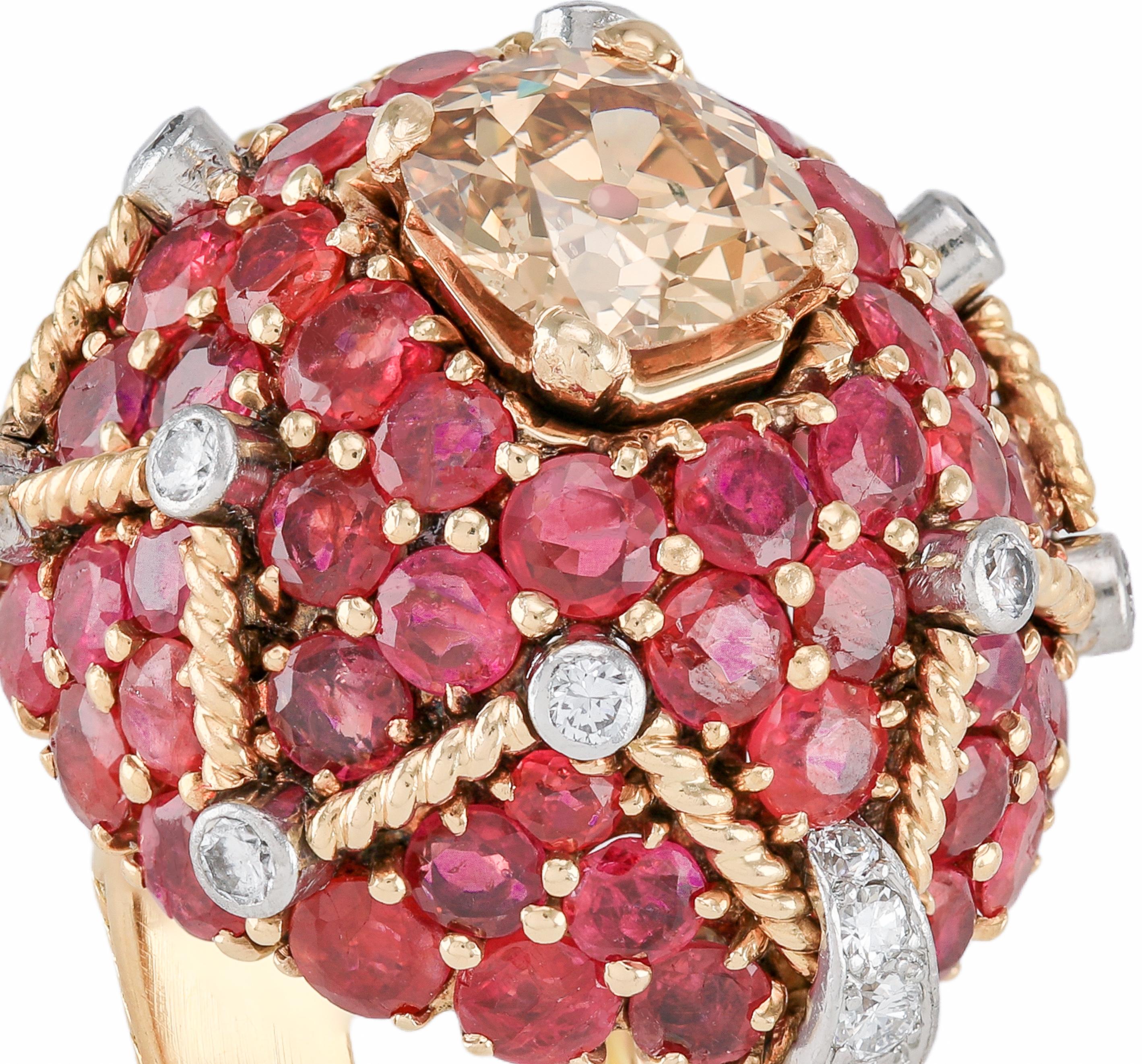 Antique 14k, Center 1.91 ct Fancy-Yellow Brown Diamond Burmese Ruby Bombé Ring In Excellent Condition For Sale In Great Neck, NY