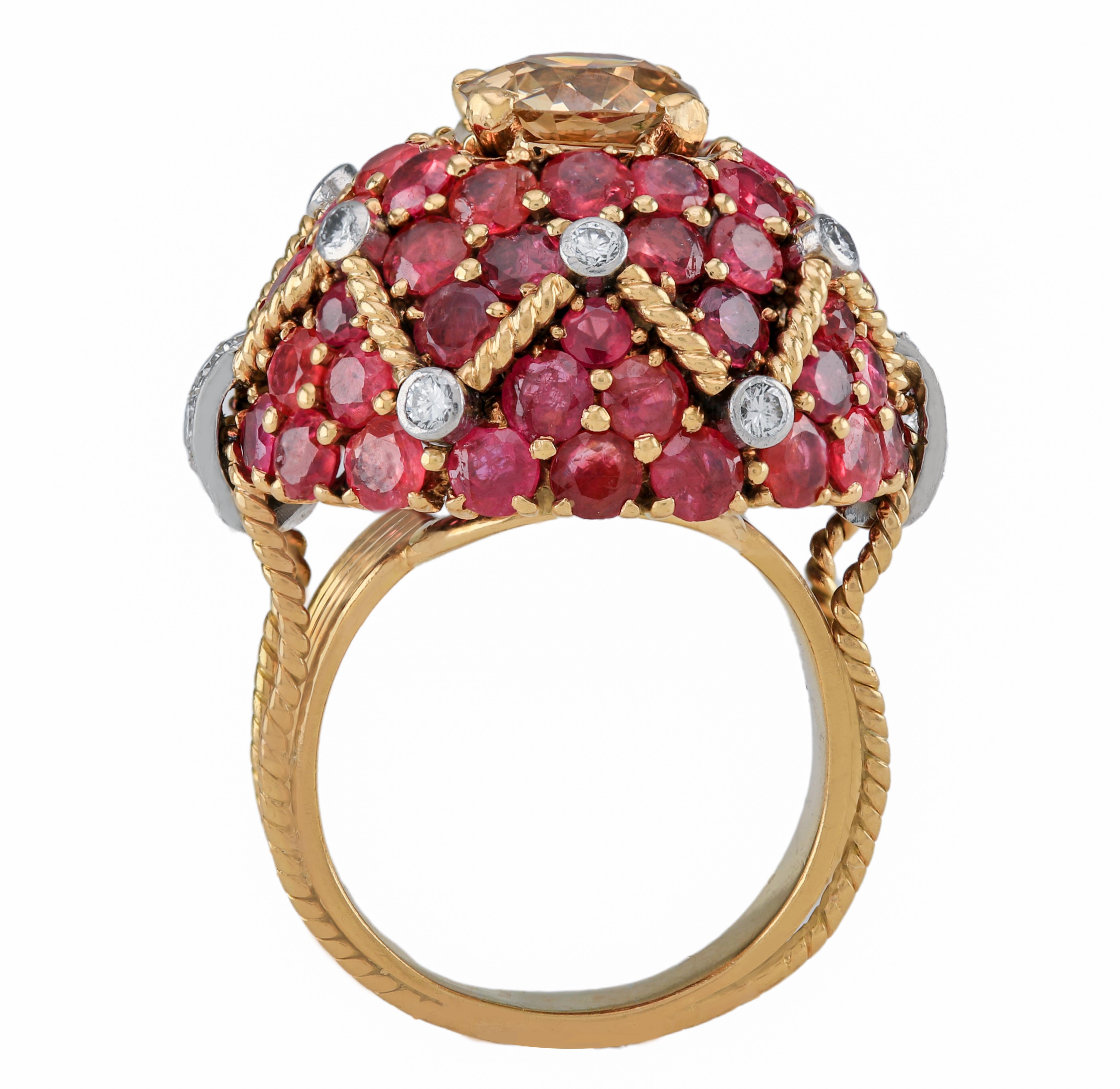 Women's Antique 14k, Center 1.91 ct Fancy-Yellow Brown Diamond Burmese Ruby Bombé Ring For Sale
