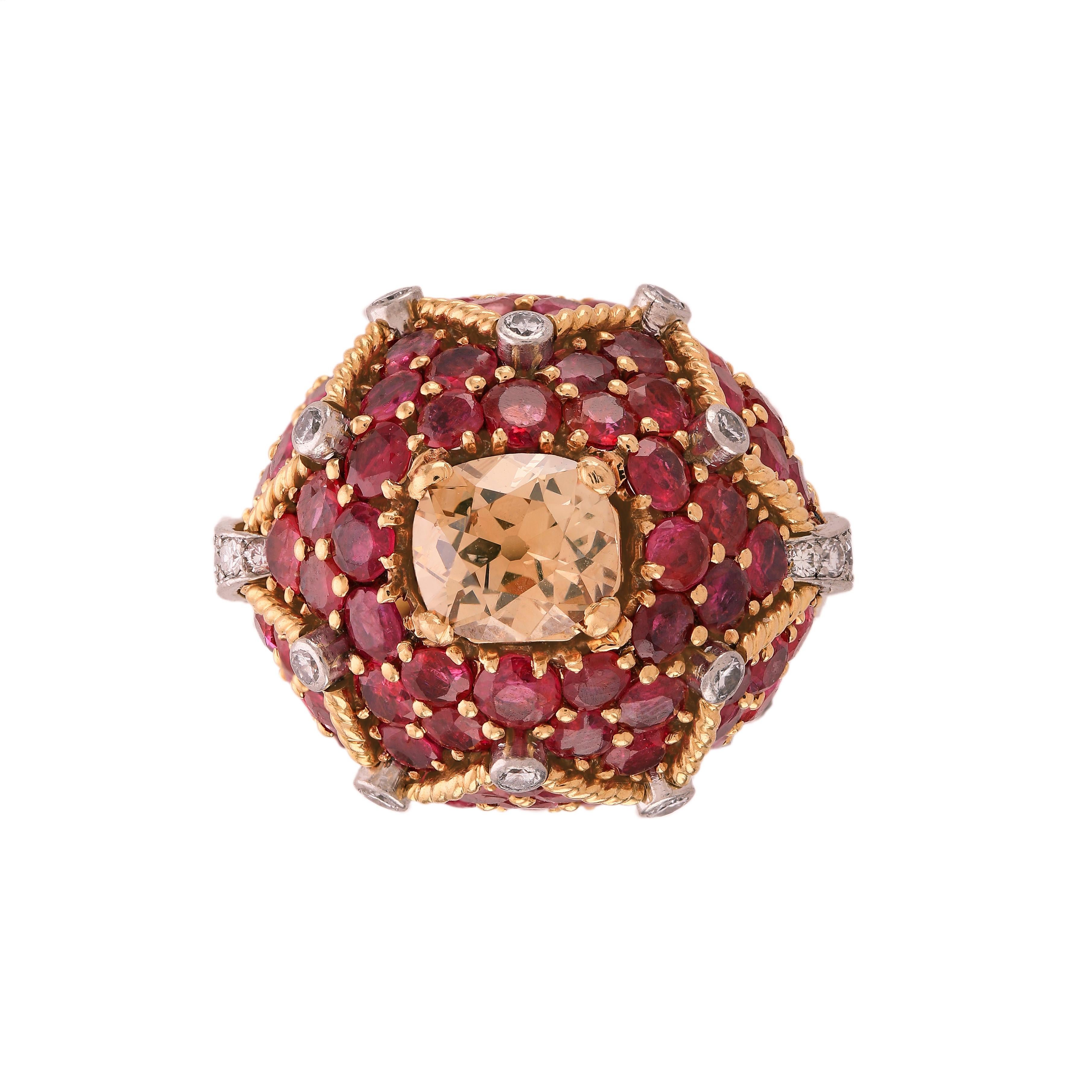 Antique 14k, Center 1.91 ct Fancy-Yellow Brown Diamond Burmese Ruby Bombé Ring For Sale 1