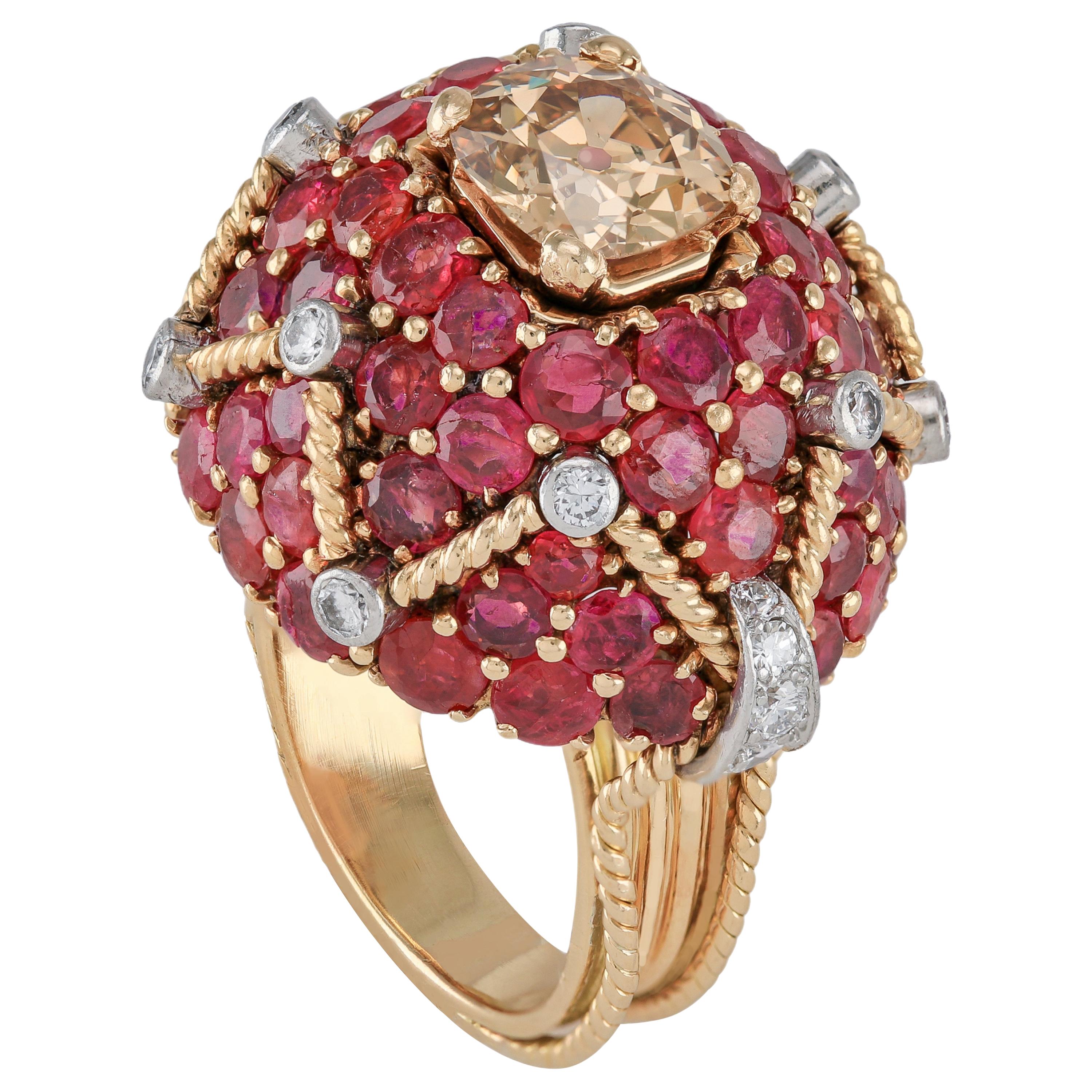 Antique 14k, Center 1.91 ct Fancy-Yellow Brown Diamond Burmese Ruby Bombé Ring For Sale