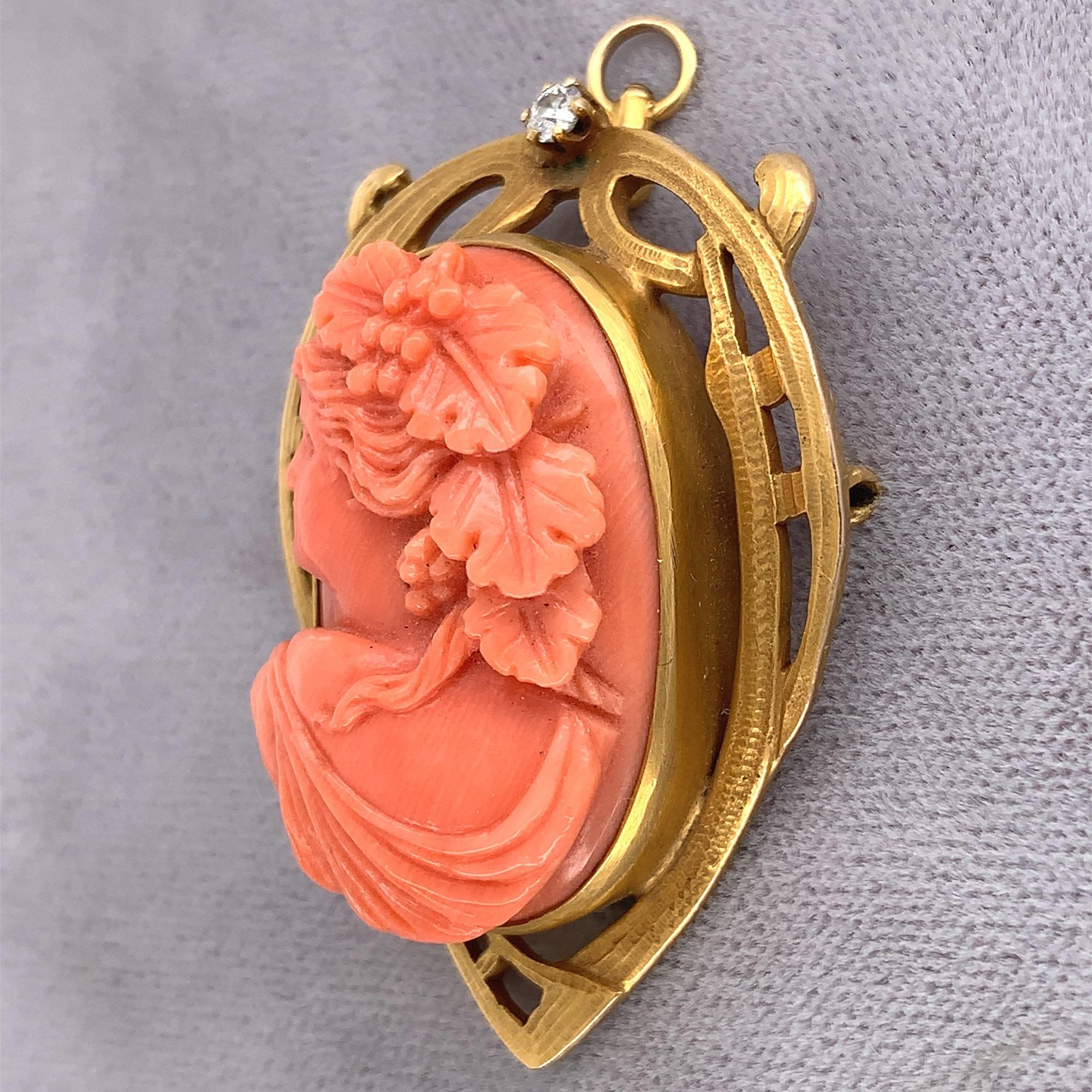 Art Nouveau Antique 14K Coral Cameo Pin with Diamond For Sale