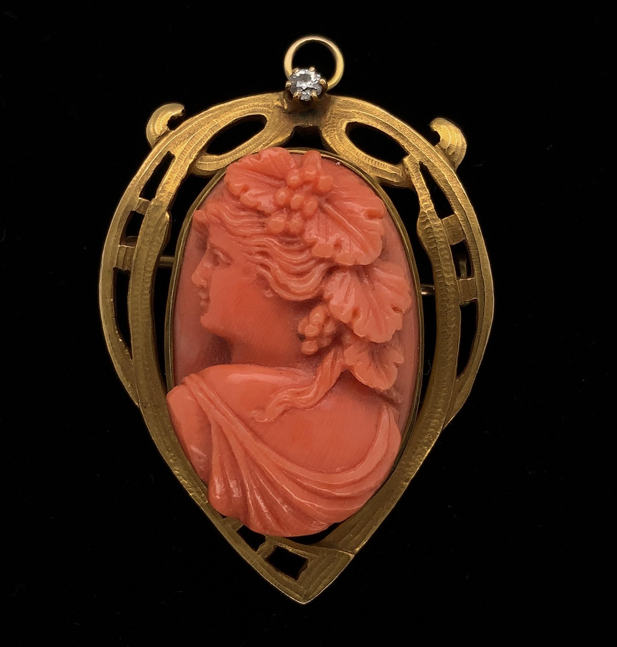 Old European Cut Antique 14K Coral Cameo Pin with Diamond For Sale