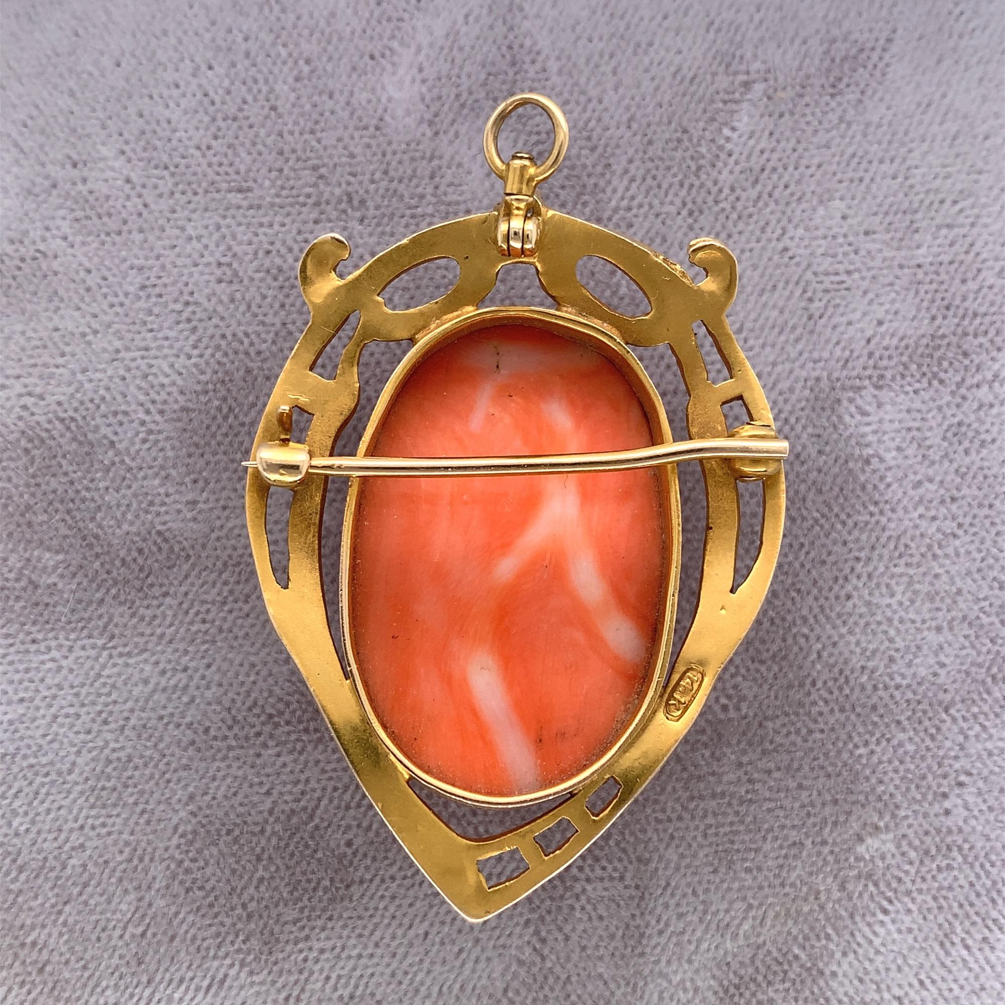 Antique 14K Coral Cameo Pin with Diamond In Excellent Condition For Sale In Big Bend, WI