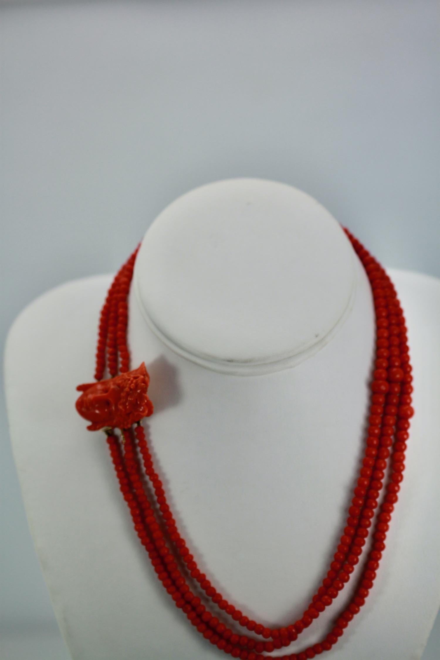 Victorian Antique 14k Coral Necklace with Carved Bacchus Head For Sale