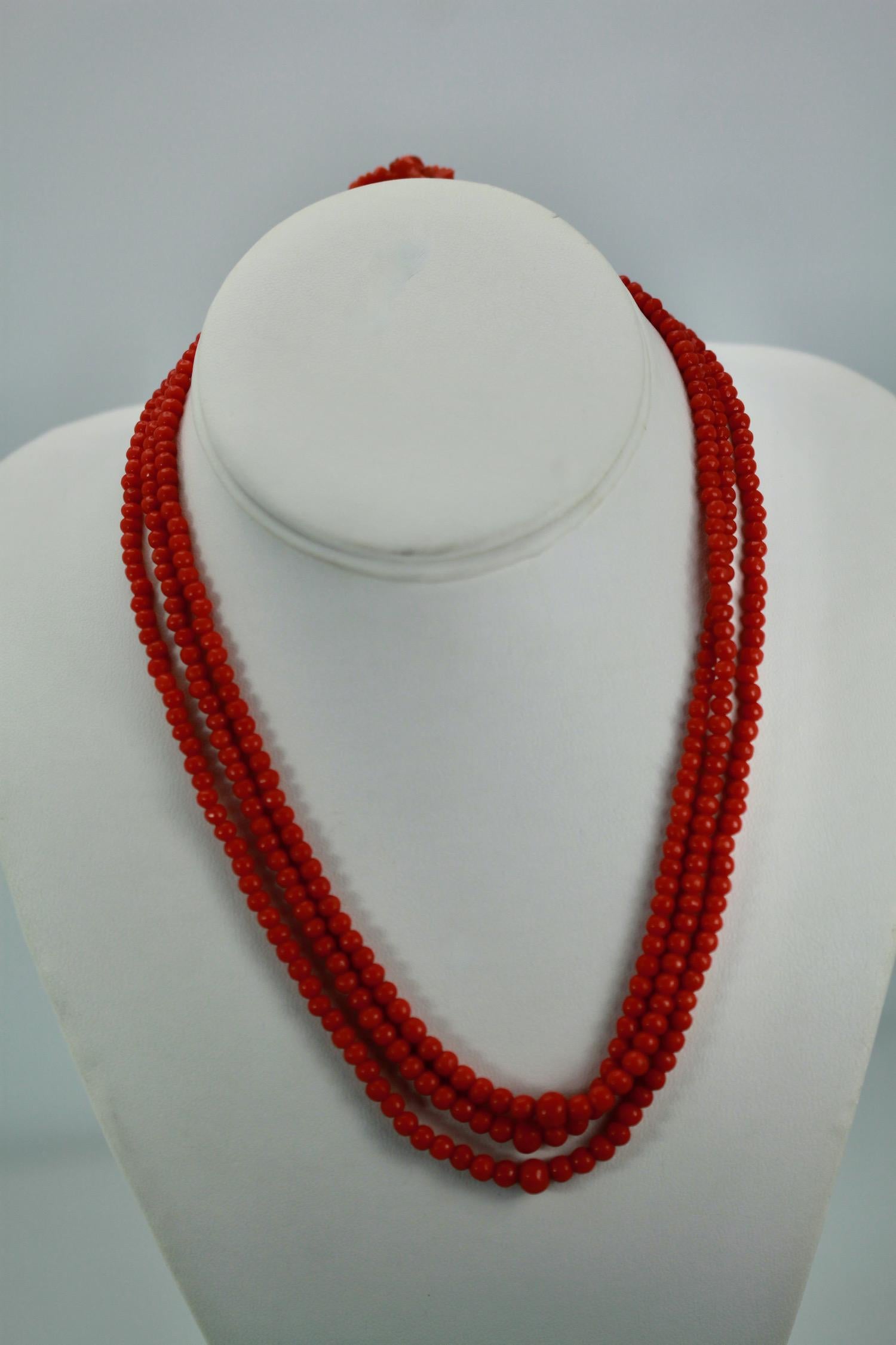 Antique 14k Coral Necklace with Carved Bacchus Head In Good Condition For Sale In North Hollywood, CA
