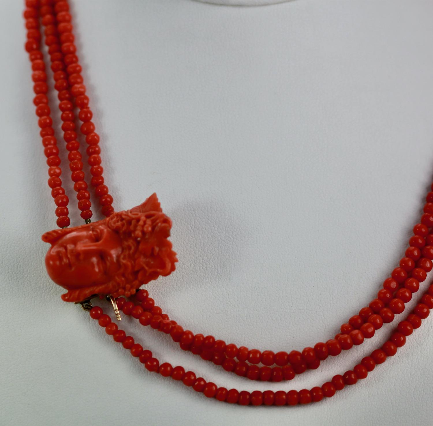 Antique 14k Coral Necklace with Carved Bacchus Head For Sale 1