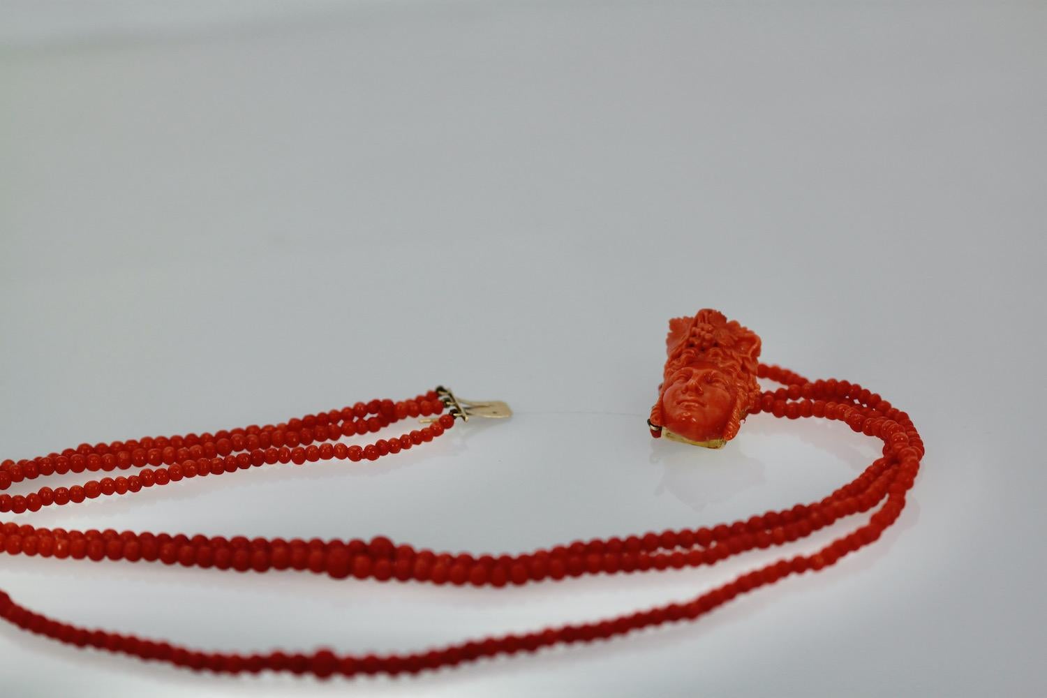 Antique 14k Coral Necklace with Carved Bacchus Head For Sale 2