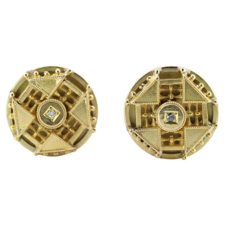 Antique 14k Diamond Round Earrings. Etruscan Round cut diamond Unpierced screw