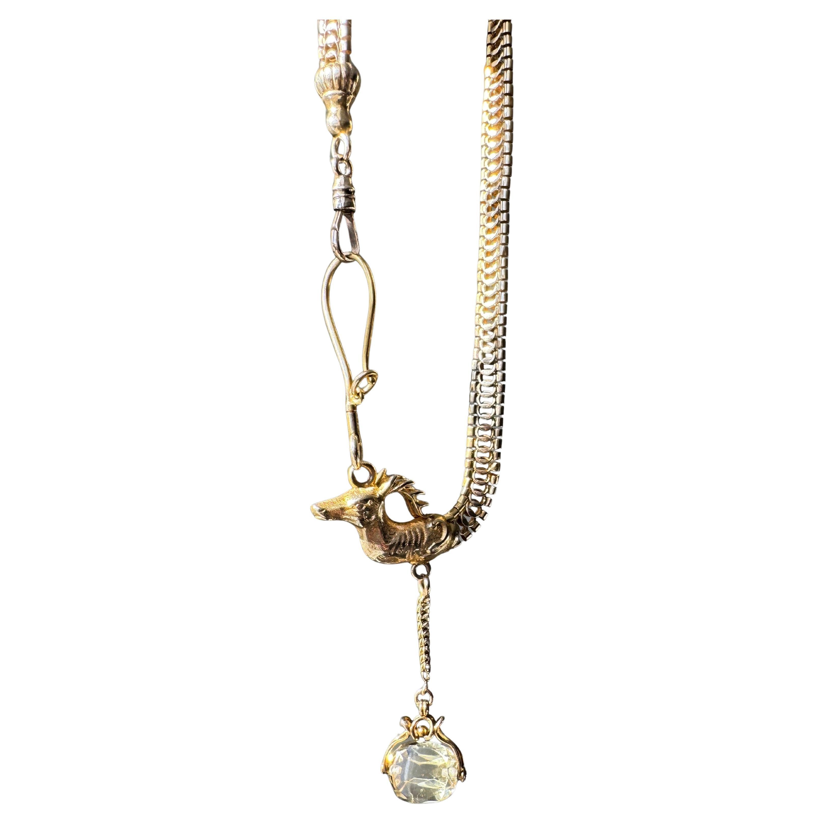 Antica catena per orologio e portachiavi a maglia fantasia 14K con testa di cervo e cervo d'alce in vendita