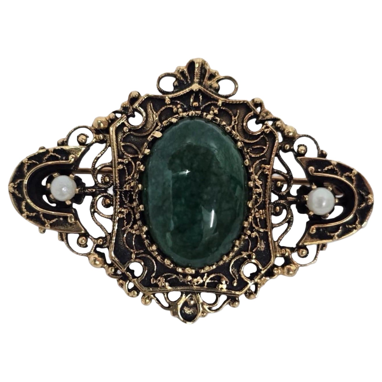 Antique 14K Filigree Jade 
Pearl Brooch-Pendant with Nephrite Cabochon