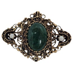 Antique 14K Filigree Jade & Pearl Brooch-Pendant with Nephrite Cabochon Antique 14K Filigree Jade & Pearl Brooch-Pendant with Nephrite Cabochon