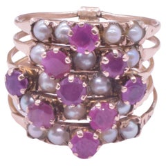 Antique 14K Five Band Harem Ring with Rubies and Pearls