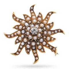 Antique 14k Gold 0.20ct Old Mine Cut Diamond Pearl Sunburst Brooch Pendant