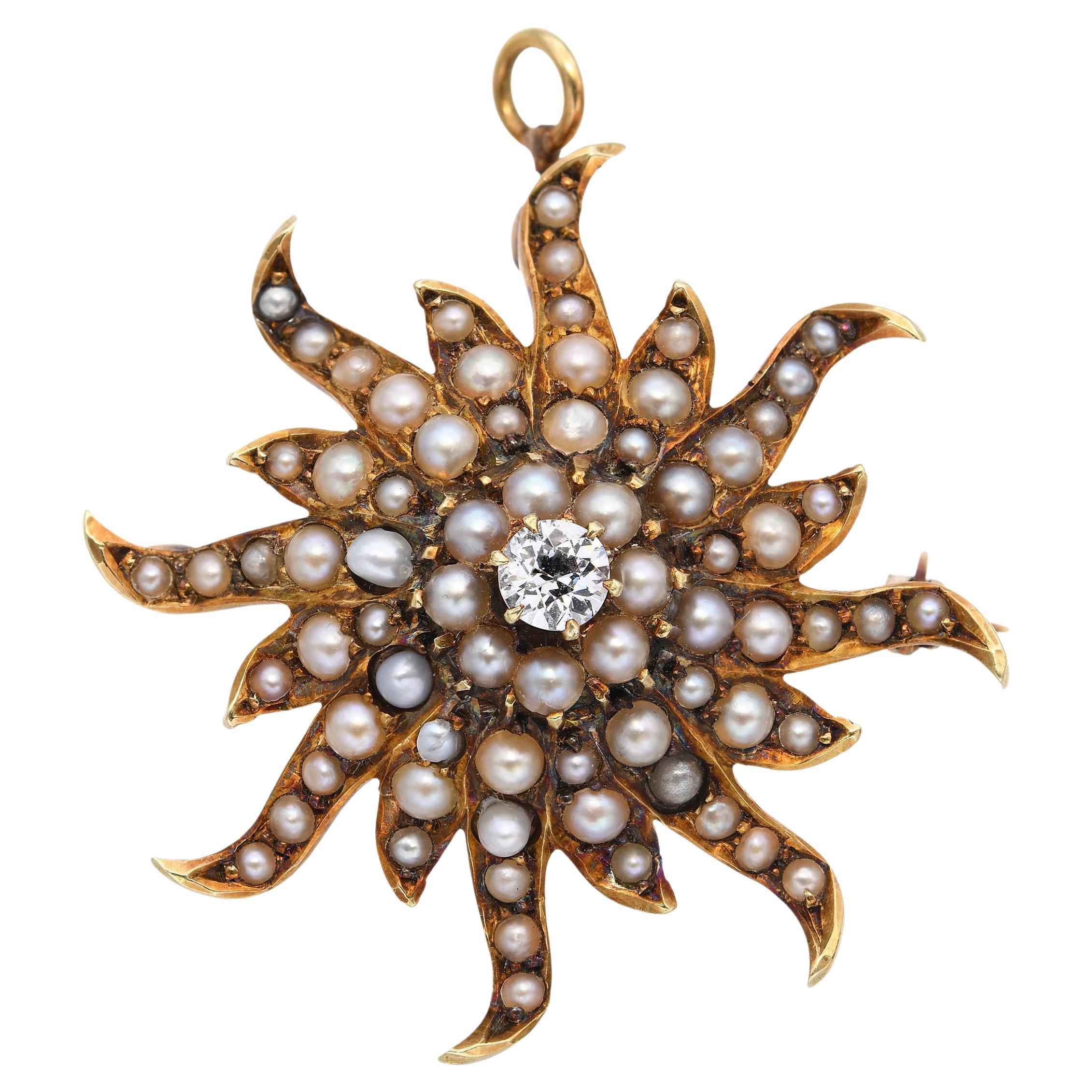 Pendentif broche en or 14k ancien 0.20ct Old Mine Cut Diamond Pearl Sunburst