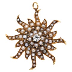Pendentif broche en or 14k ancien 0.20ct Old Mine Cut Diamond Pearl Sunburst