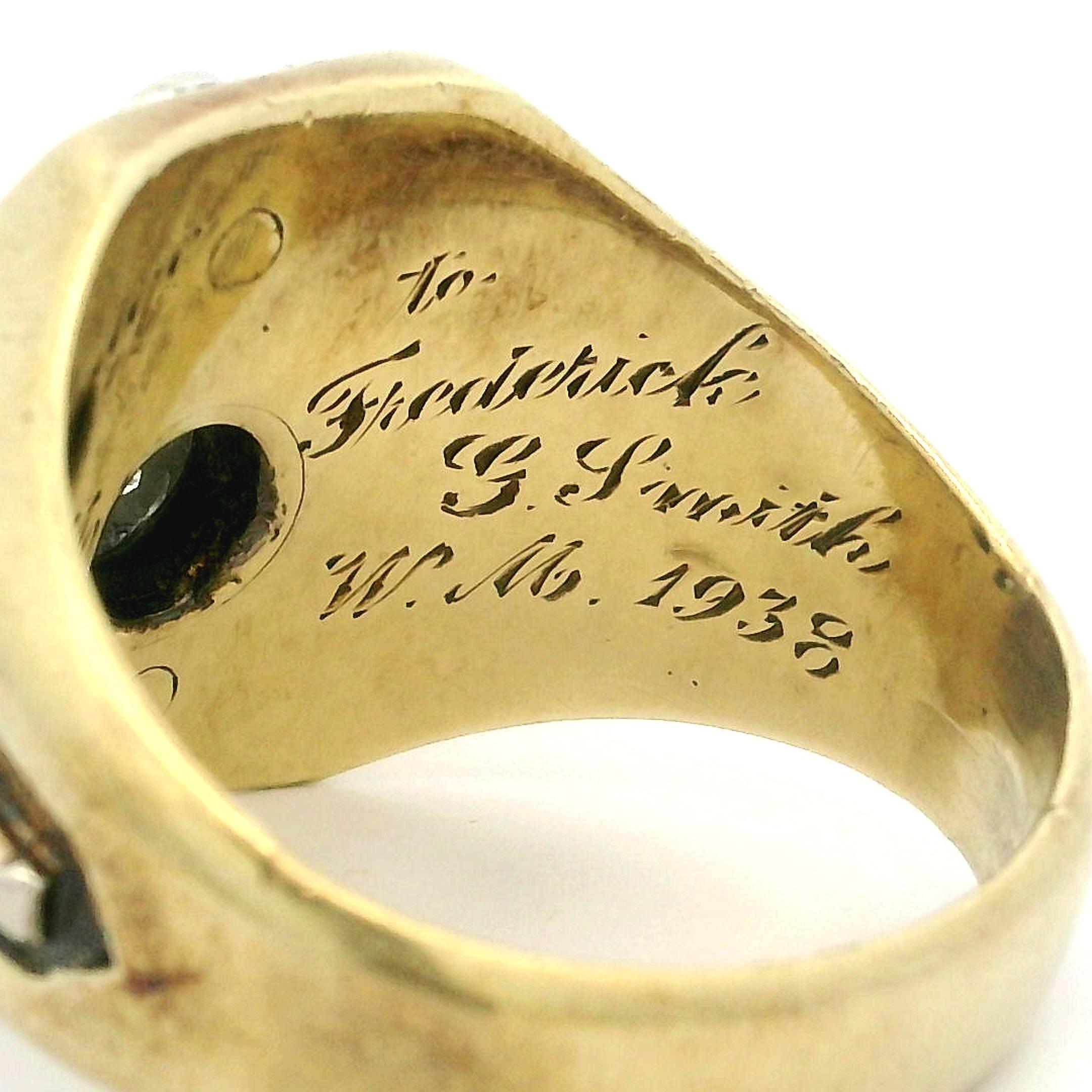 Antique 14k Gold 0.56ct Old European Diamond Engraved 1938 Masonic Ring For Sale 5