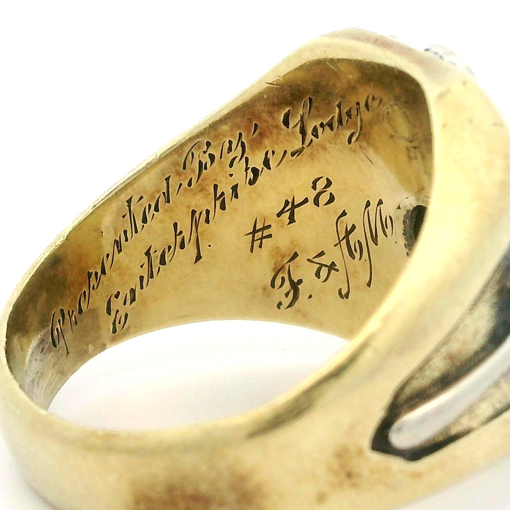 Antique 14k Gold 0.56ct Old European Diamond Engraved 1938 Masonic Ring For Sale 6