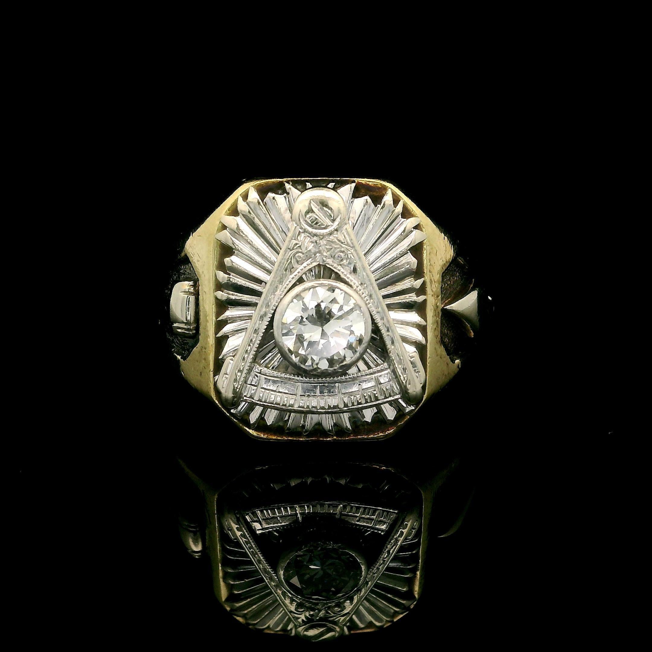 Antique 14k Gold 0.56ct Old European Diamond Engraved 1938 Masonic Ring For Sale 7