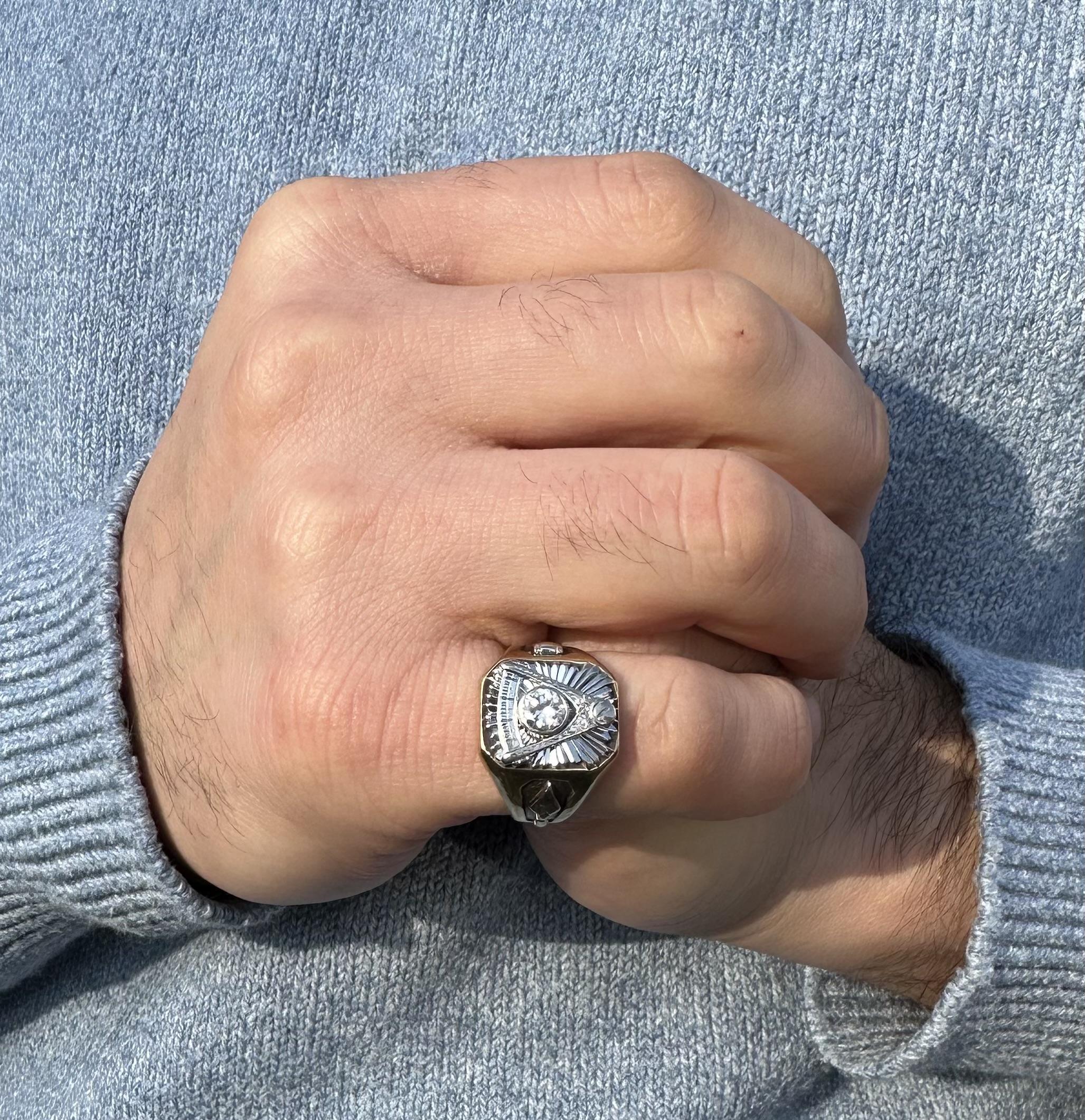 Antique 14k Gold 0.56ct Old European Diamond Engraved 1938 Masonic Ring For Sale 8