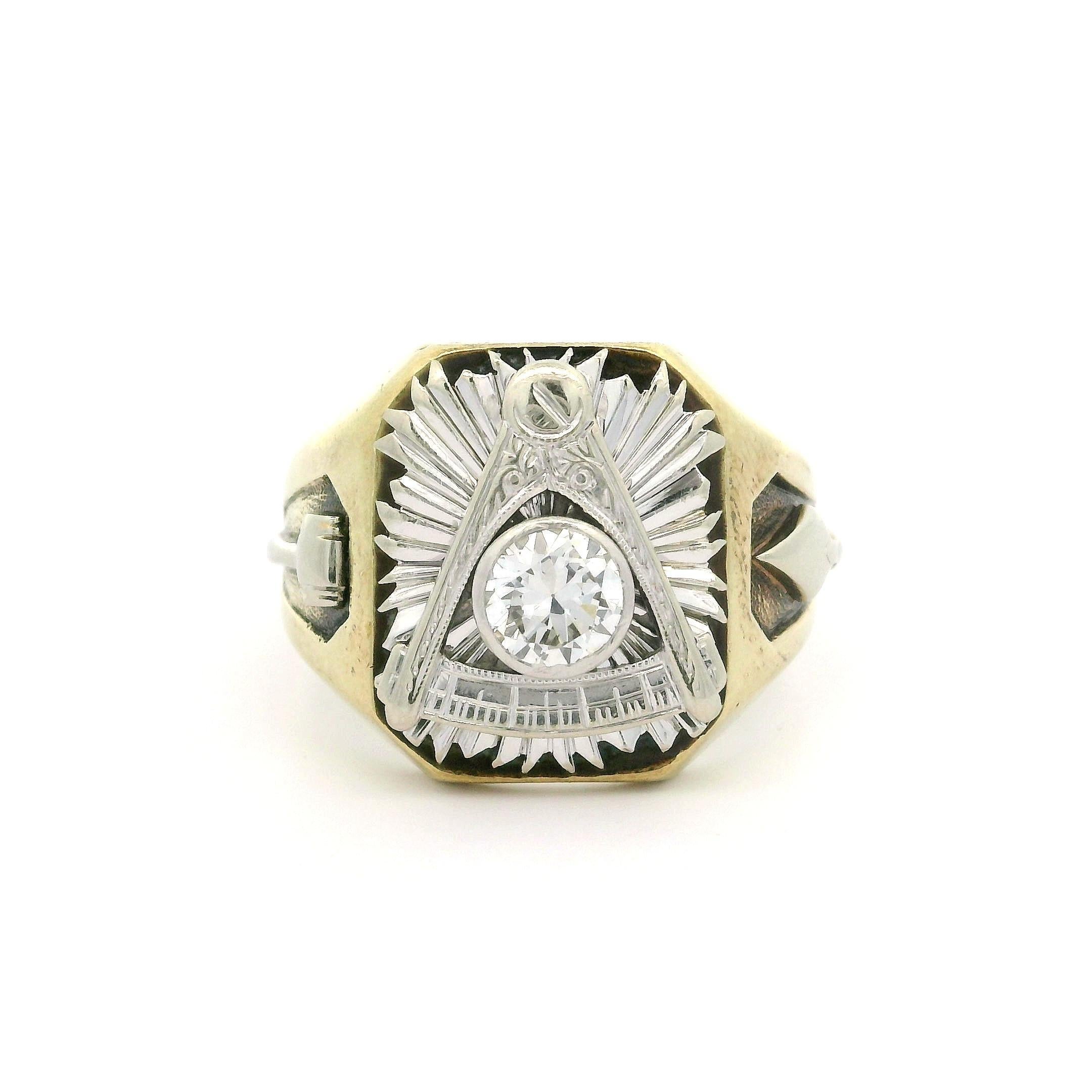 Antique 14k Gold 0.56ct Old European Diamond Engraved 1938 Masonic Ring For Sale 9