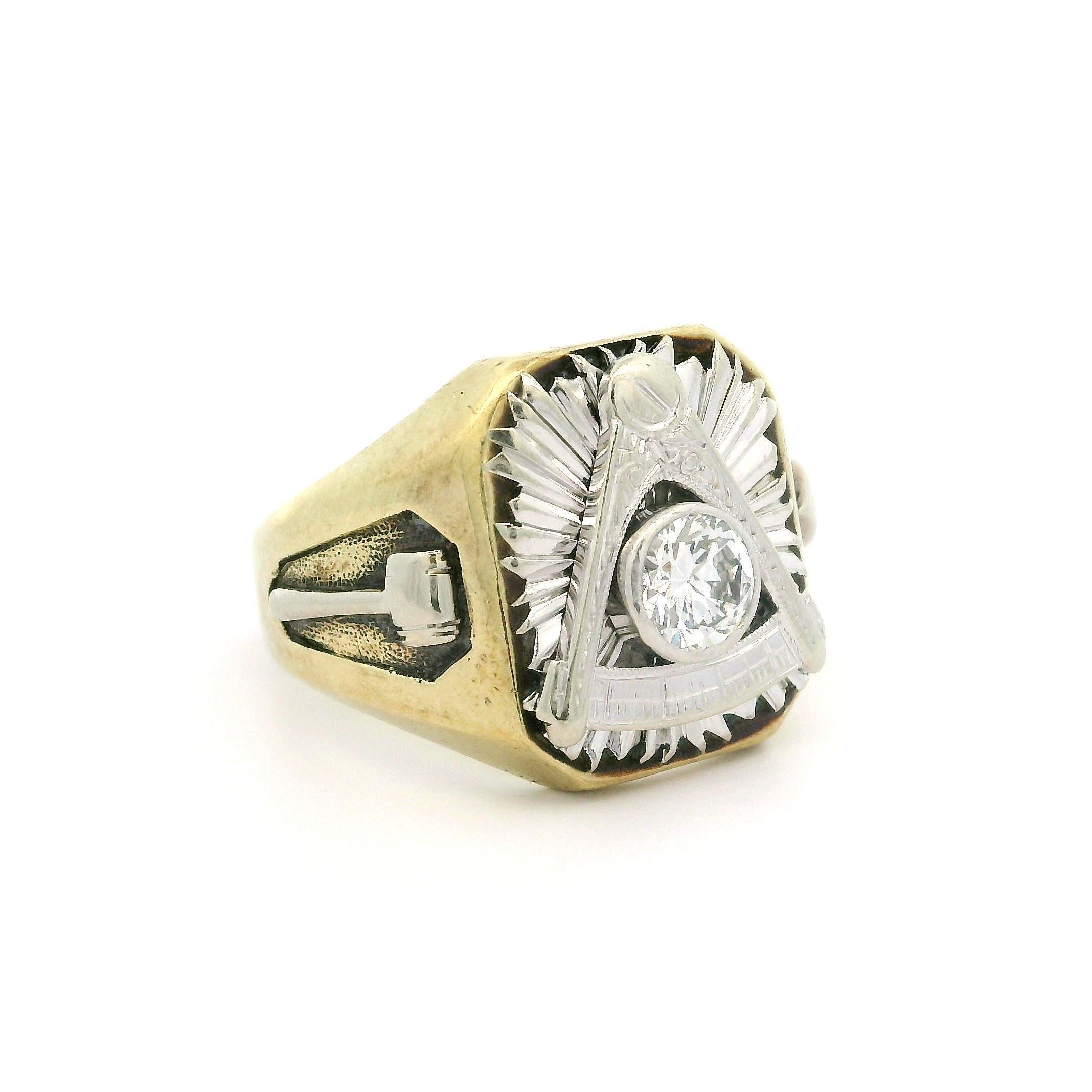 Antique 14k Gold 0.56ct Old European Diamond Engraved 1938 Masonic Ring For Sale 10