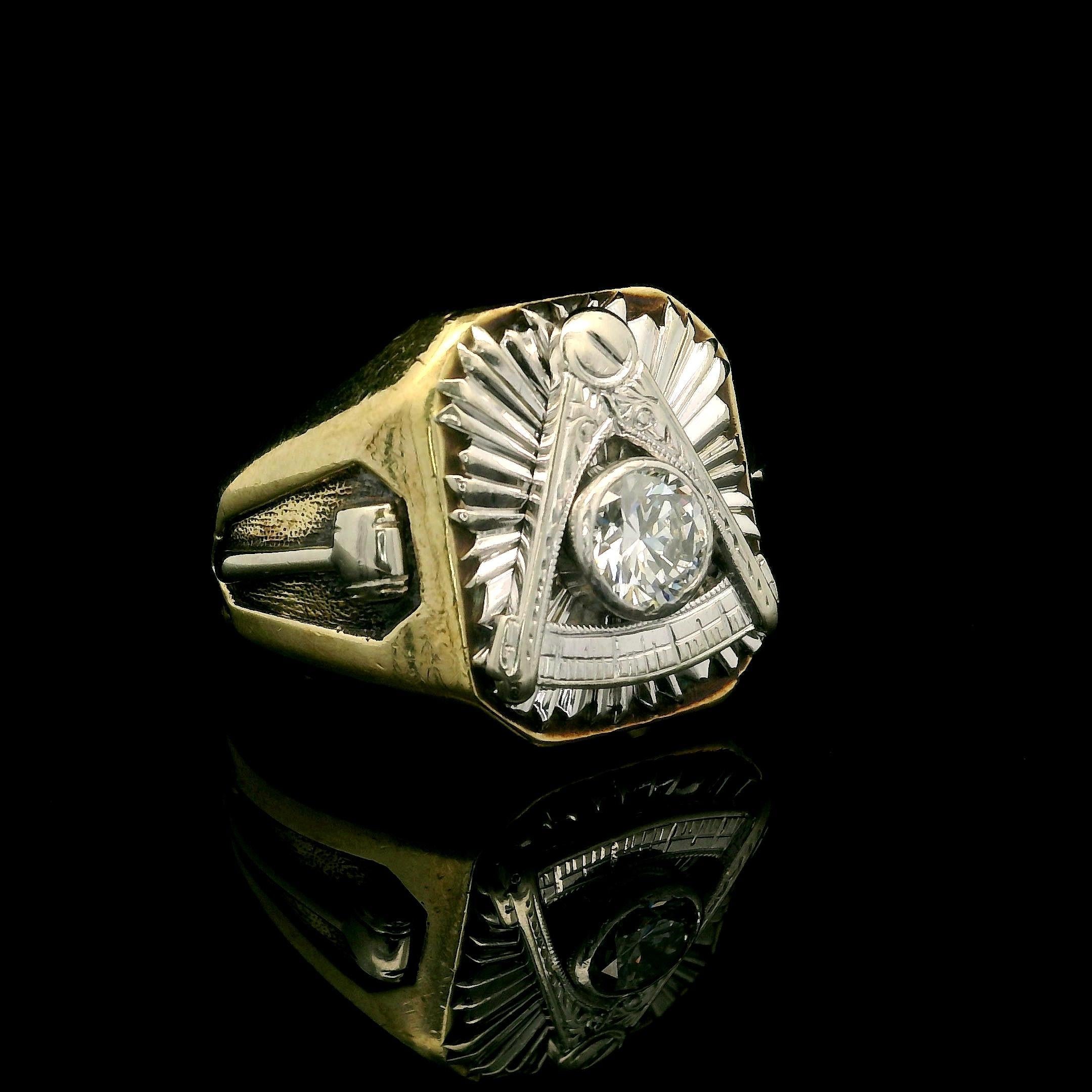 --Stone(s):--
(1) Natural Genuine Diamond - Old European Cut - Bezel Set - G Color - Very Nice Fiery - VS2 Clarity
Total Carat Weight: 0.56 (approx.)

Material: Solid 14k Yellow Gold w/ Solid White Gold Accents Sides & Top
Weight: 17.8 Grams
Ring