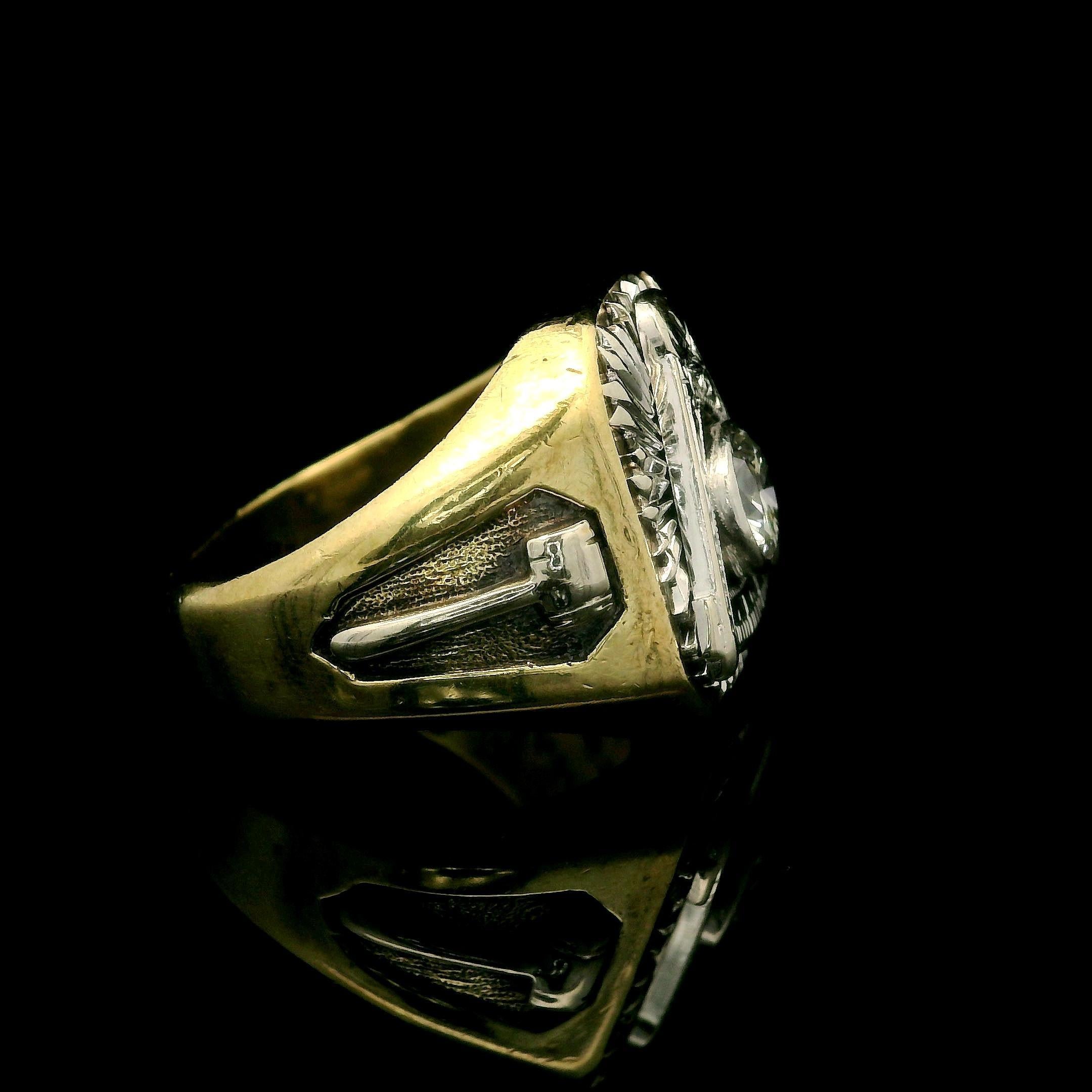 Old European Cut Antique 14k Gold 0.56ct Old European Diamond Engraved 1938 Masonic Ring For Sale