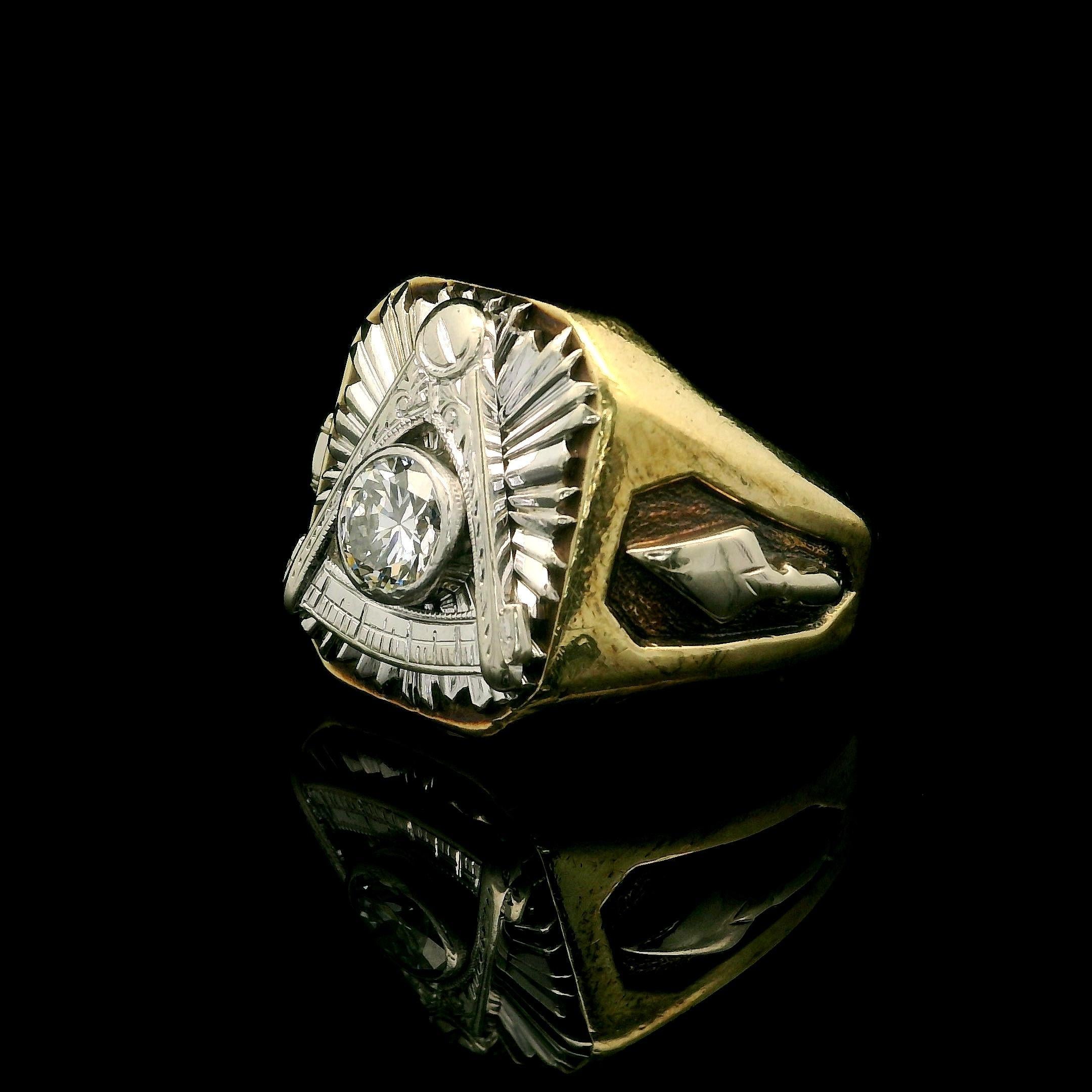 Antique 14k Gold 0.56ct Old European Diamond Engraved 1938 Masonic Ring In Excellent Condition For Sale In Montclair, NJ
