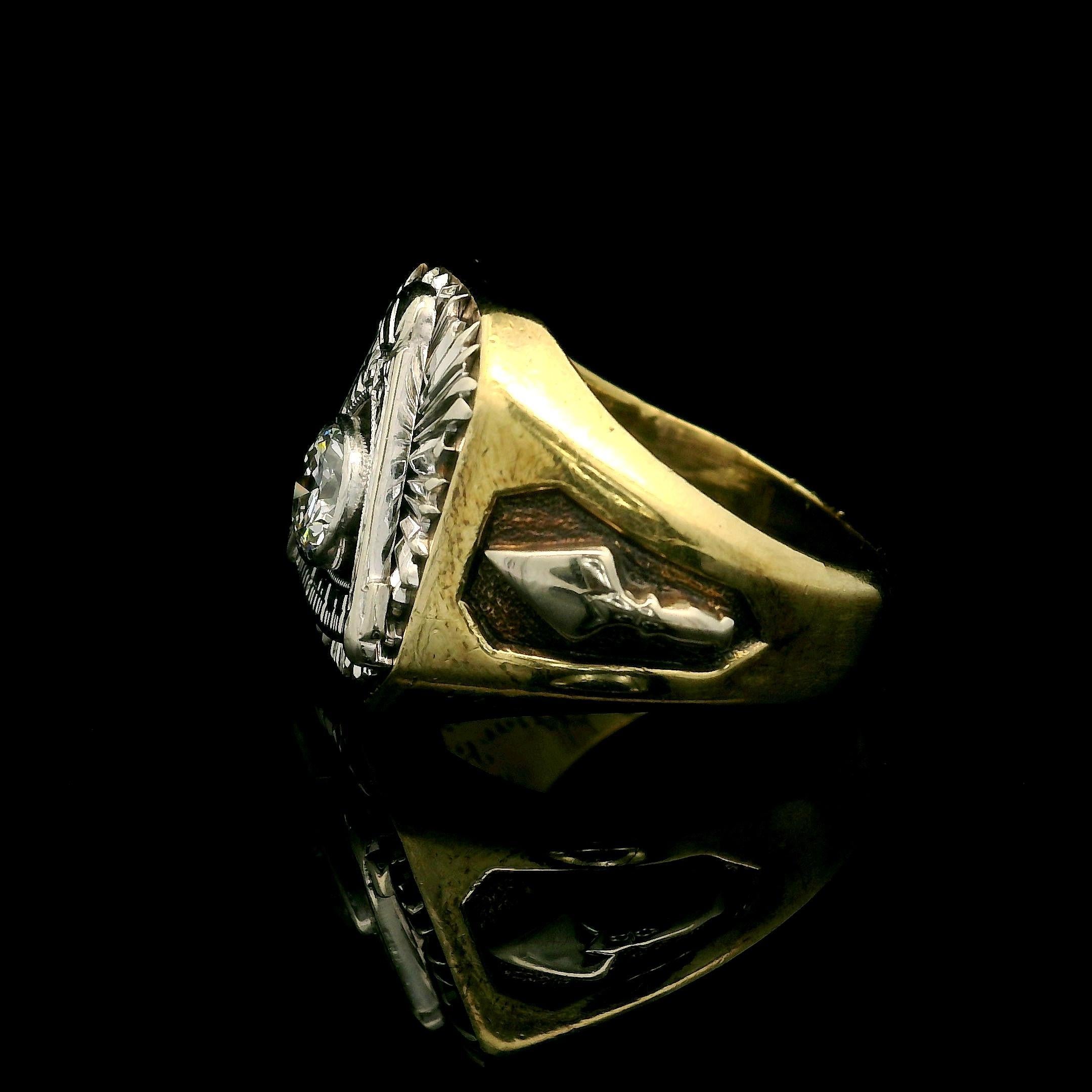 Women's or Men's Antique 14k Gold 0.56ct Old European Diamond Engraved 1938 Masonic Ring For Sale