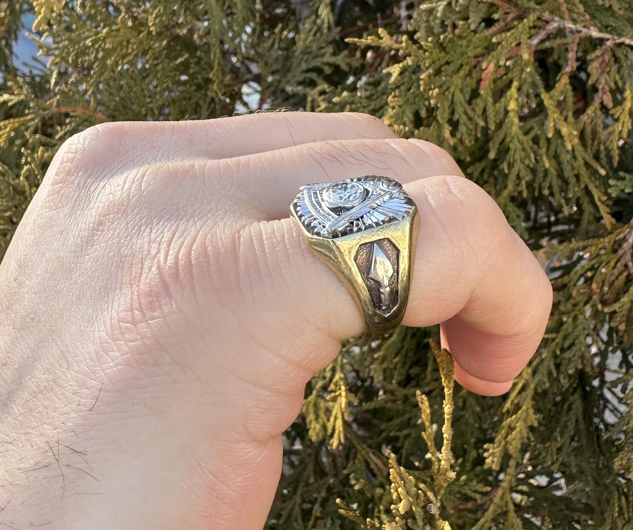Antique 14k Gold 0.56ct Old European Diamond Engraved 1938 Masonic Ring For Sale 2