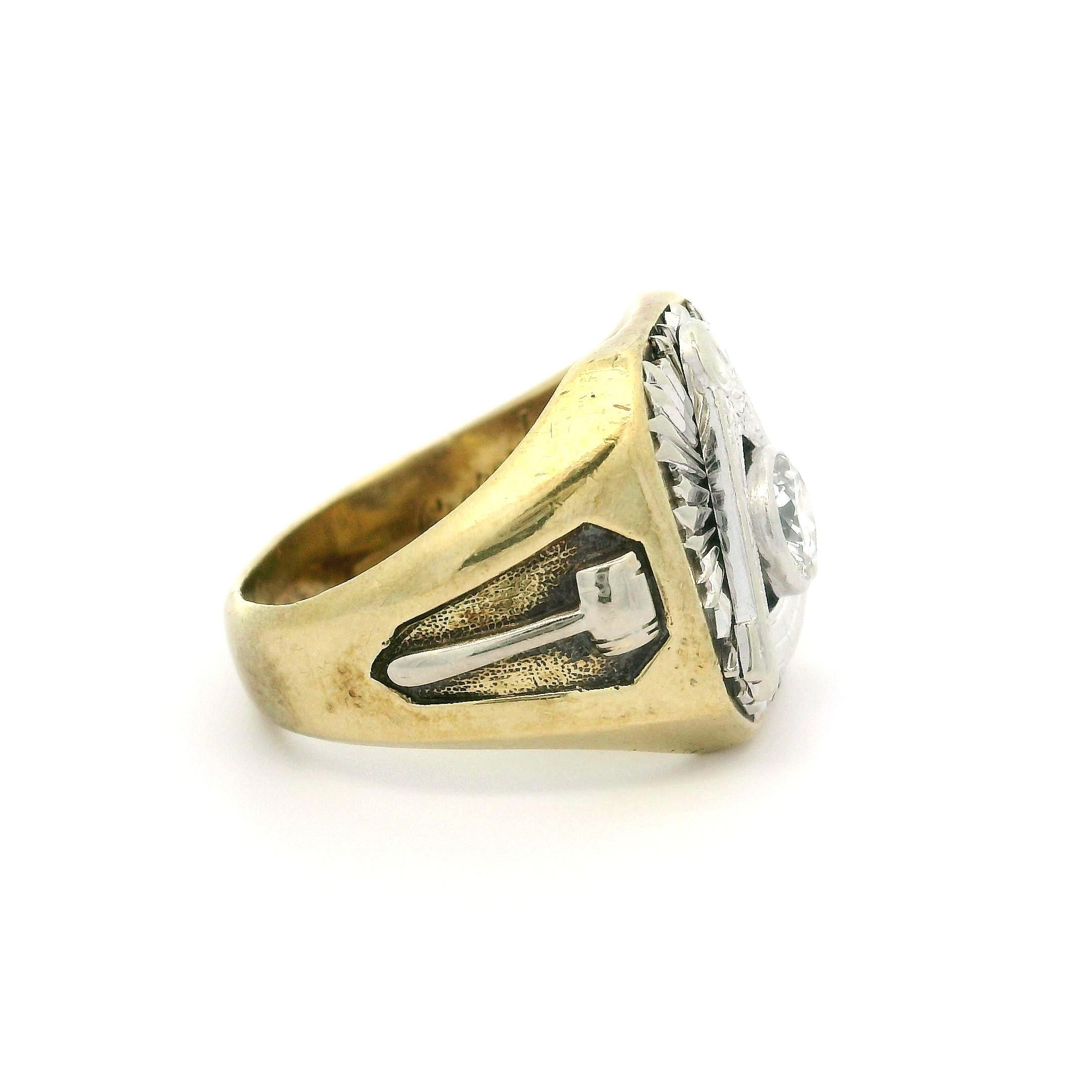 Antique 14k Gold 0.56ct Old European Diamond Engraved 1938 Masonic Ring For Sale 3