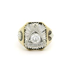 Anillo Masónico Antiguo de Oro 14k 0,56ct Diamante Viejo Europeo Grabado 1938