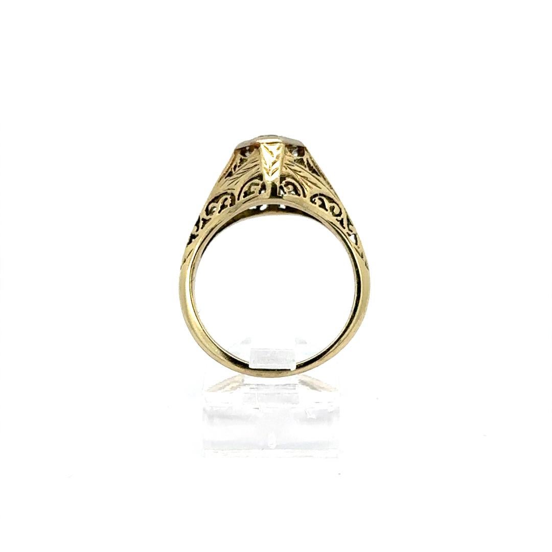 --Stone(s):--
(1) Natural Genuine Diamond - Old Transitional Cut - Pave Set - H Color - SI2 Clarity
Total Carat Weight:	0.58 (approx.)

Material: 14k Yellow Gold w/ White gold top
Weight: 2.69 Grams
Ring Size: 6.5 (Fitted on finger, please contact