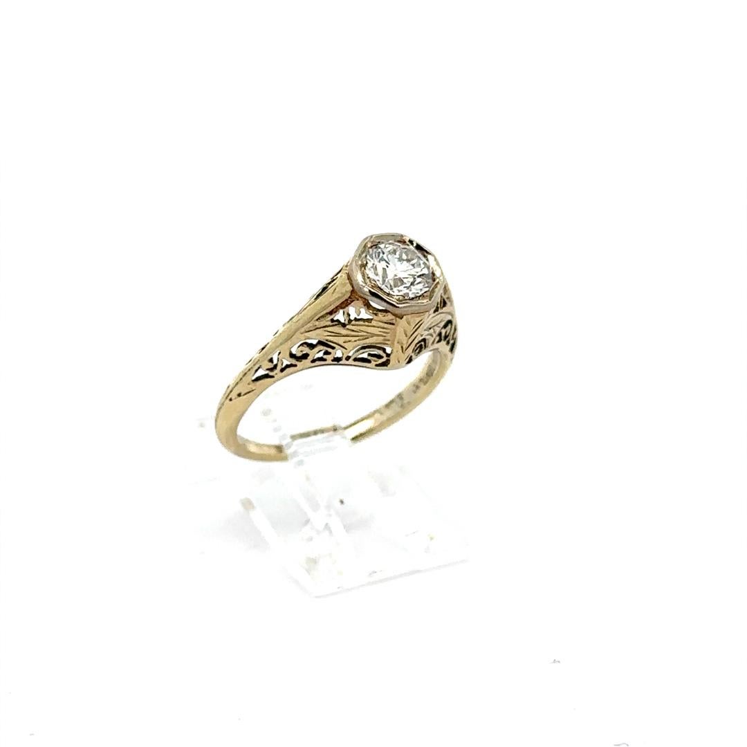Old European Cut Antique 14k Gold 0.58ct Old Transitional Cut Diamond Filigree Engagement Ring For Sale