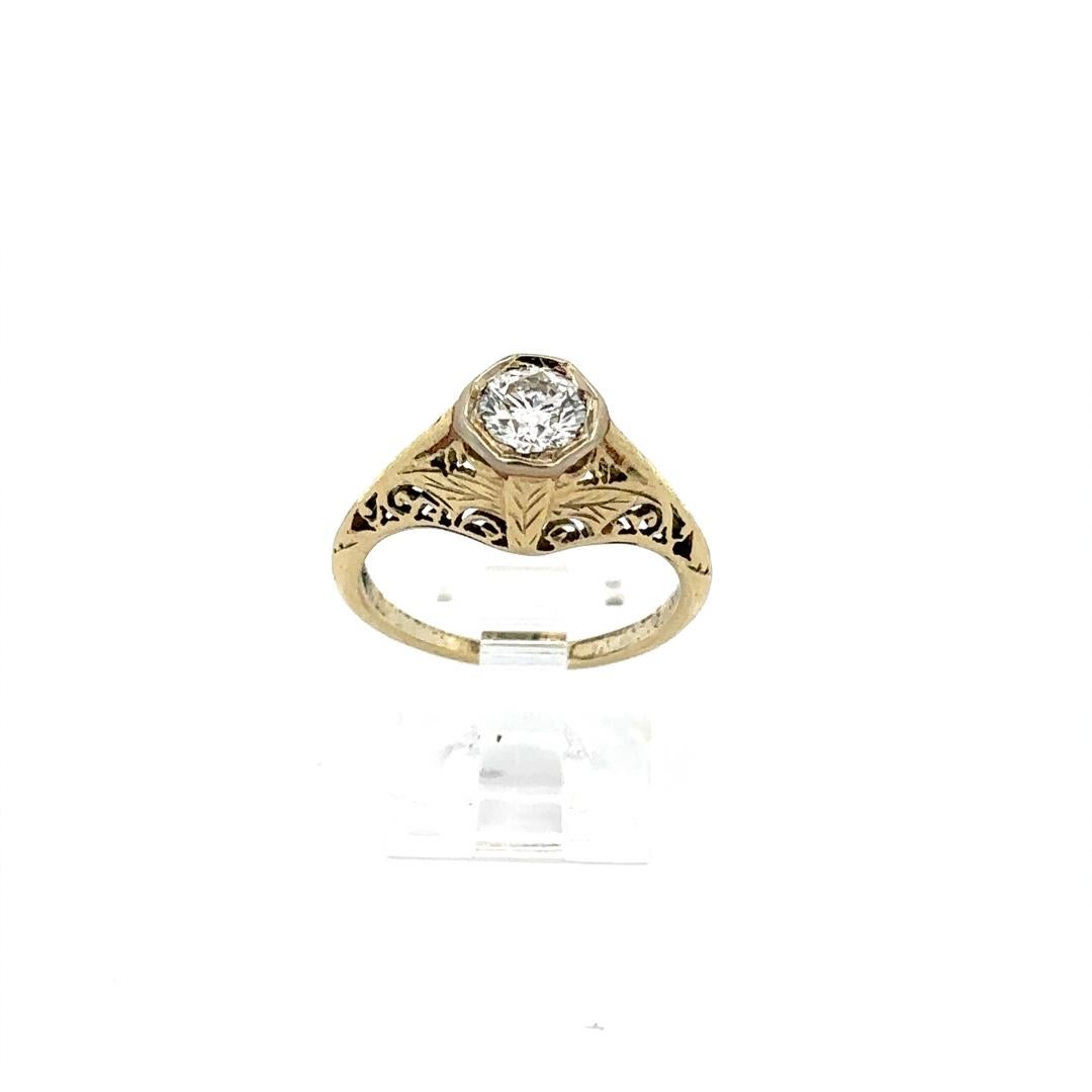 Antique 14k Gold 0.58ct Old Transitional Cut Diamond Filigree Engagement Ring In Excellent Condition For Sale In Montclair, NJ