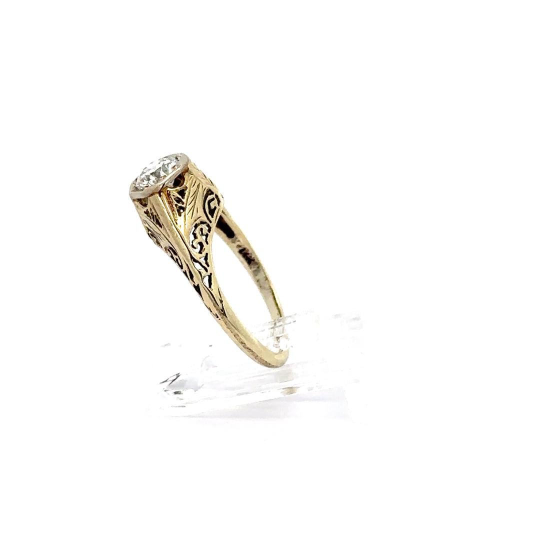 Women's Antique 14k Gold 0.58ct Old Transitional Cut Diamond Filigree Engagement Ring For Sale