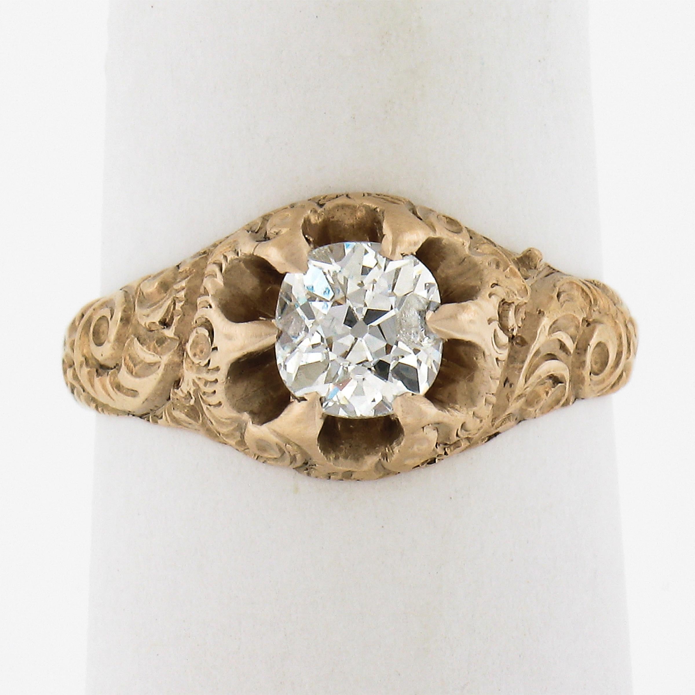 --Stein(e):--
(1) Natürlicher echter Diamant - alter Kissenschliff - Zackenbesatz
Karat Gesamtgewicht:	0,68 (ca.)

MATERIAL: Massiv 14k Rosiges Gelbgold
Gewicht: 3.01 Gramm
Ringgröße: 5.5 (Passt auf einen Finger. Wir können die Größe dieses Rings