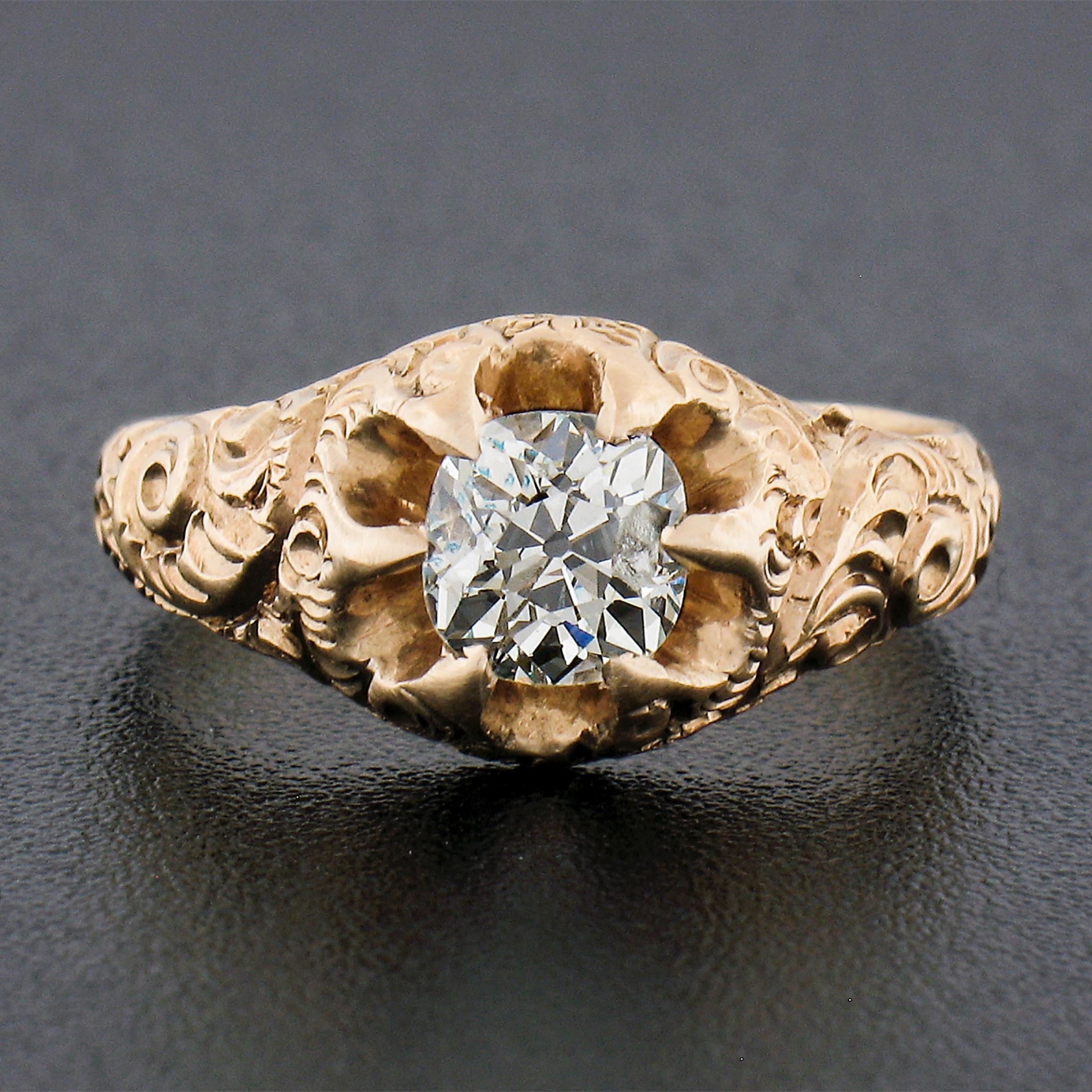 Victorian Antique 14k Gold 0.68ct Old Cushion Diamond Engagement Ring w/ Repousse Sides For Sale